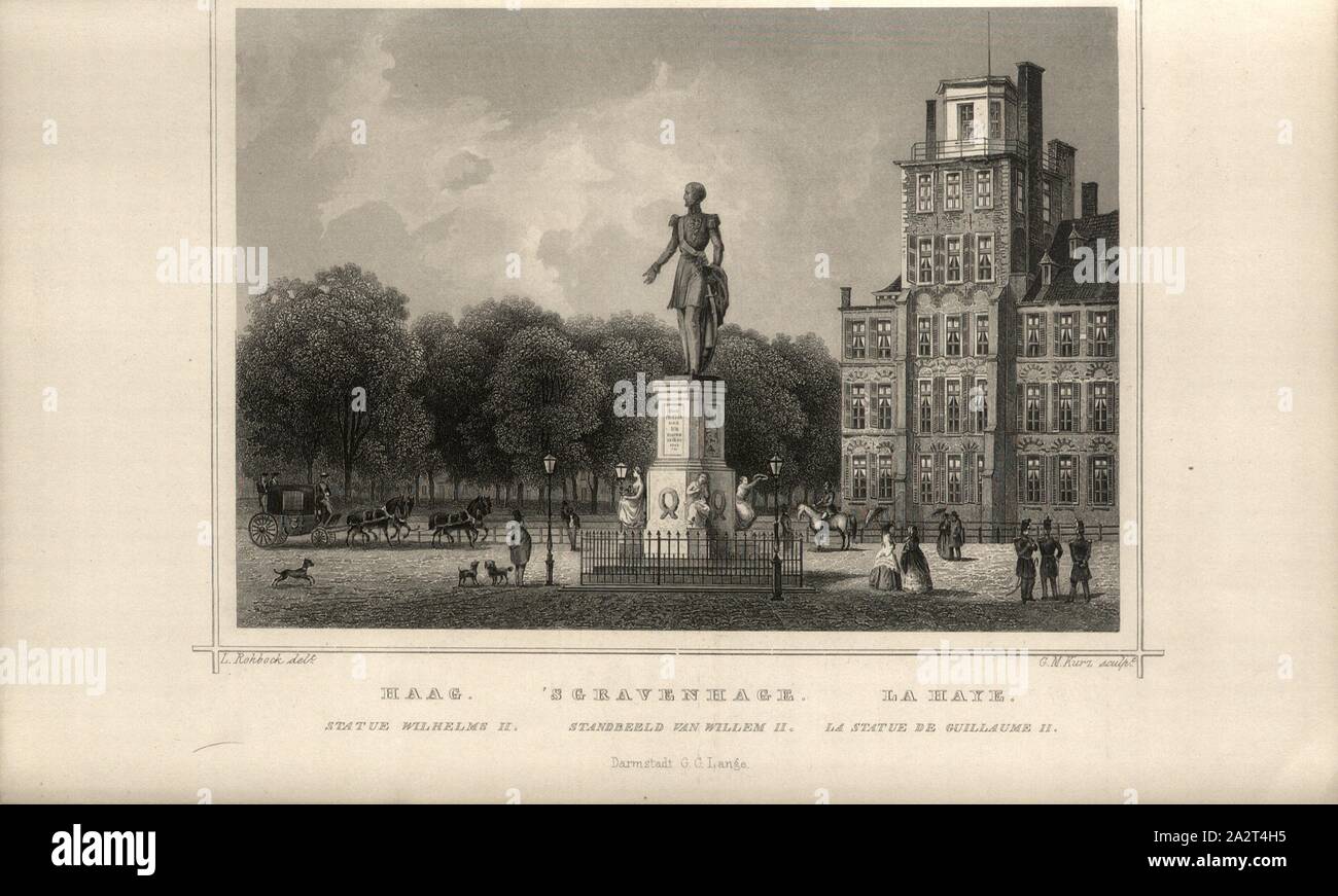 S Gravenhage. Statue de Willem II., monument de Guillaume II de La Haye, signé : L. Rohbock (del.) ; Kurz, G.M. (Couche externe.), p. 204, p. 299, Rohbock, Ludwig (del.) ; Kurz, Georg Michael (couche externe.), 1863, Der Rhein und die Rheinlande dans Original-Ansichten in ruhiger : Abtheilung 3, Section 2 / Hollande. Darmstadt : Druck und Verlag von Gustav Lange, 1863 Banque D'Images