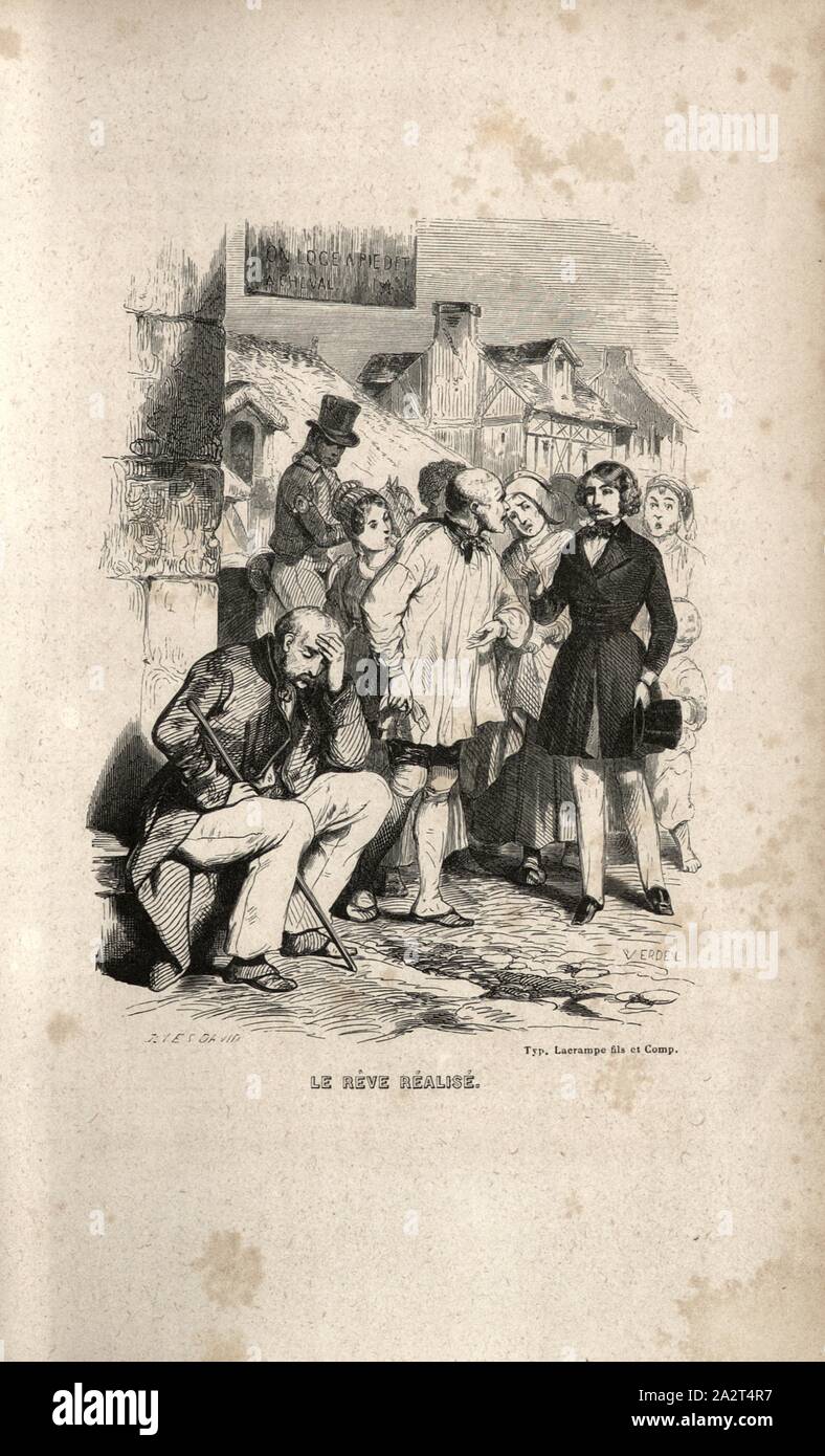 Le rêve réalisé, Moreau, ancien Grenadier de la Garde impériale, à Tours avec son fils, signé : J. David, Verdeil, fig. 5, p. 138, David, Jules ; Verdeil, Pierre, Emile Marco de Saint-Hilaire : Souvenirs intimes du temps de l'Empire. Bd. 2. Paris : Jules Fellens, 1851-1855 Banque D'Images