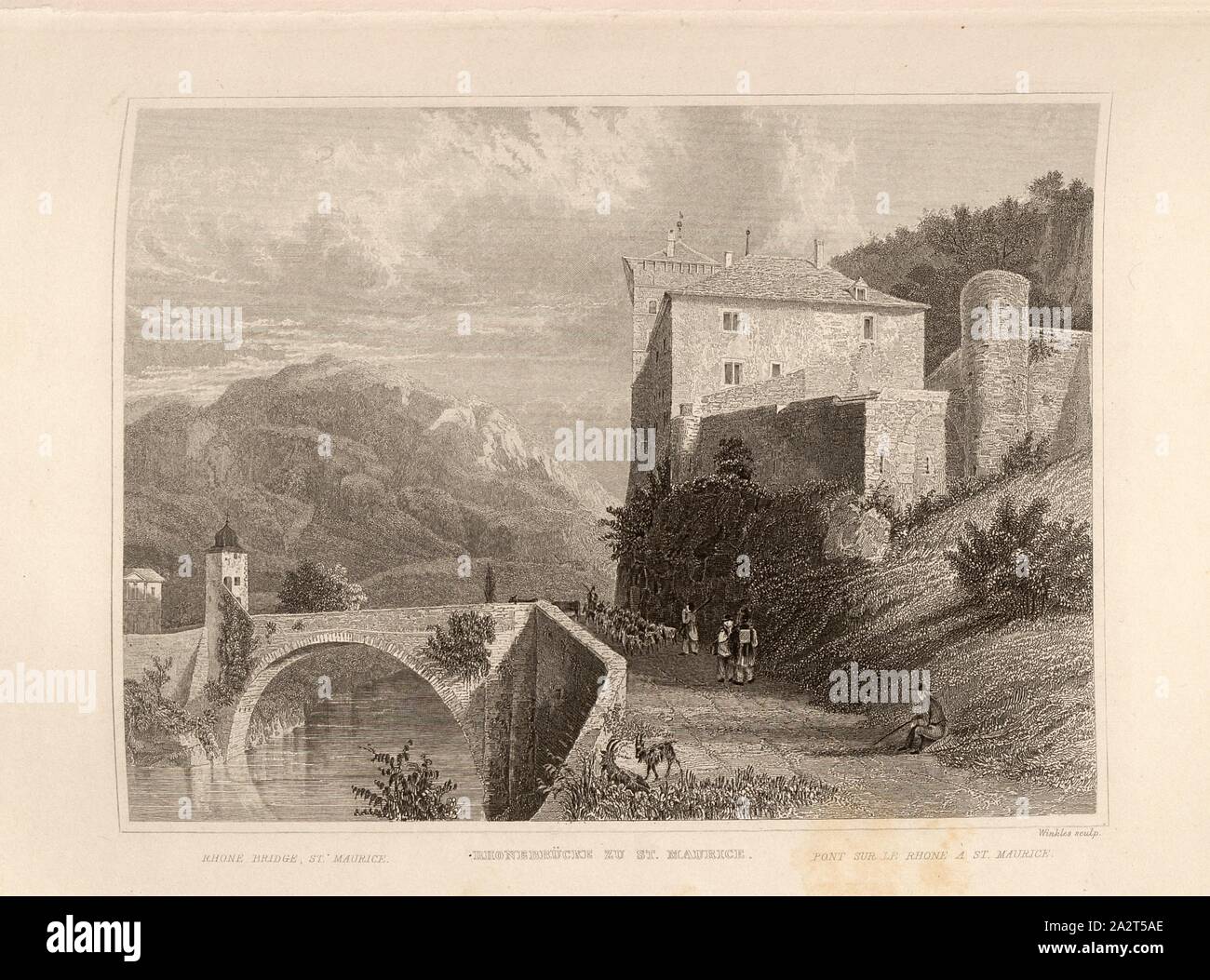 Rhonebrücke à Saint Maurice, Vue du pont du Rhône et le château de Saint-Maurice, après p. 185, p. 293, Müller, Adolph (gezeichnet) ; des bigorneaux, Henry (gestochen), 1858, Heinrich Zschokke : Die Schweiz in ihren klassischen und die Hauptorten Originalansichten ; mit 72, gezeichnet Adolph von Müller, gestochen von Henry bigorneaux und den Besten Künstlern anglais. Durchgesehene und Zweite Auflage ergänzte. Stuttgart : Gebrüder Scheitlin ; St-gall : Scheitlin & Zollikofer, 1858 Banque D'Images