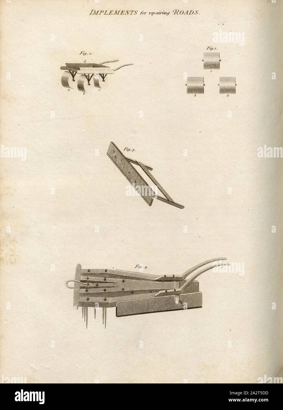 Met en oeuvre pour la réparation de routes, Outils de réparation de routes, fig. 37, Pl. XXXVII, p. 174 après, R.W. Dickson : L'agriculture, de l'ordre pratique, ou un système complet d'élevage moderne : avec les méthodes de plantation, et la gestion de stock. Bd. 1. Londres : imprimé pour Richard Phillips ; par R. Taylor et Co., 1805 Banque D'Images