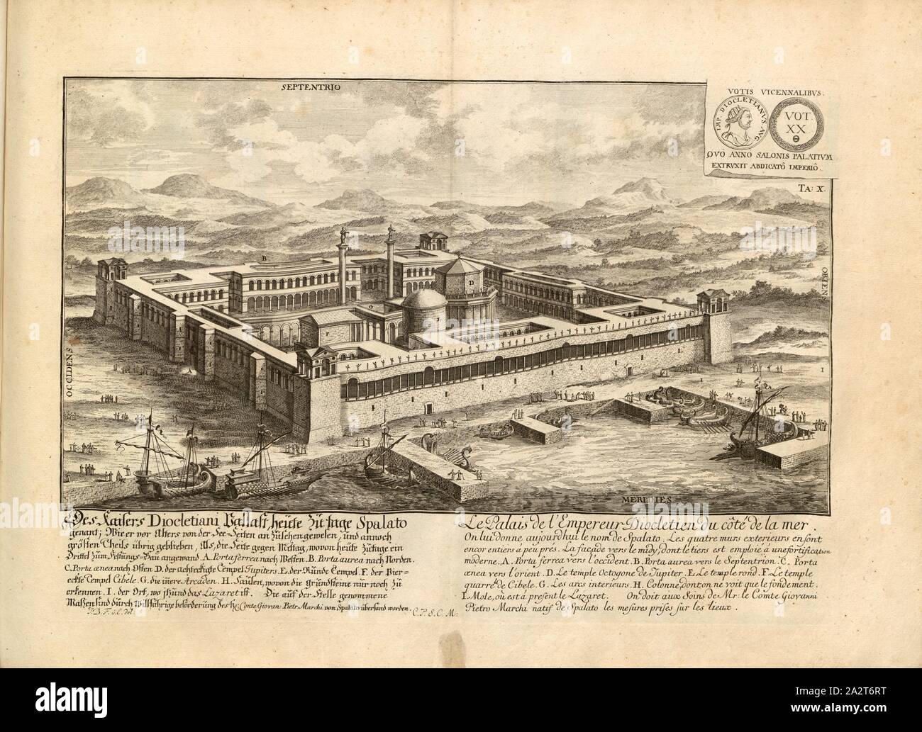 L'Empereur Diocletiani Ballast, aujourd'hui à jour Spalato ..., le palais de Dioclétien à partir du 18ème siècle, signé : I. B. F. C. Chr., E. del, TA., X, p. 119, Fischer von Erlach, Johann Bernhard (del), Johann Bernhard Fischer von Erlach : Entwurff einer historischen Architectur, figure dans unterschiedener berühmten Gebäude, des Alterthums, und fremder Völcker, latouge Geschichtbüchern Gedächtnüsz-Müntzen, aus den Ruinen, eingeholten wahrhafften Abriszen, und, vor Augen zu stellen [...]. Andres Buch. Wien, 1721 Banque D'Images