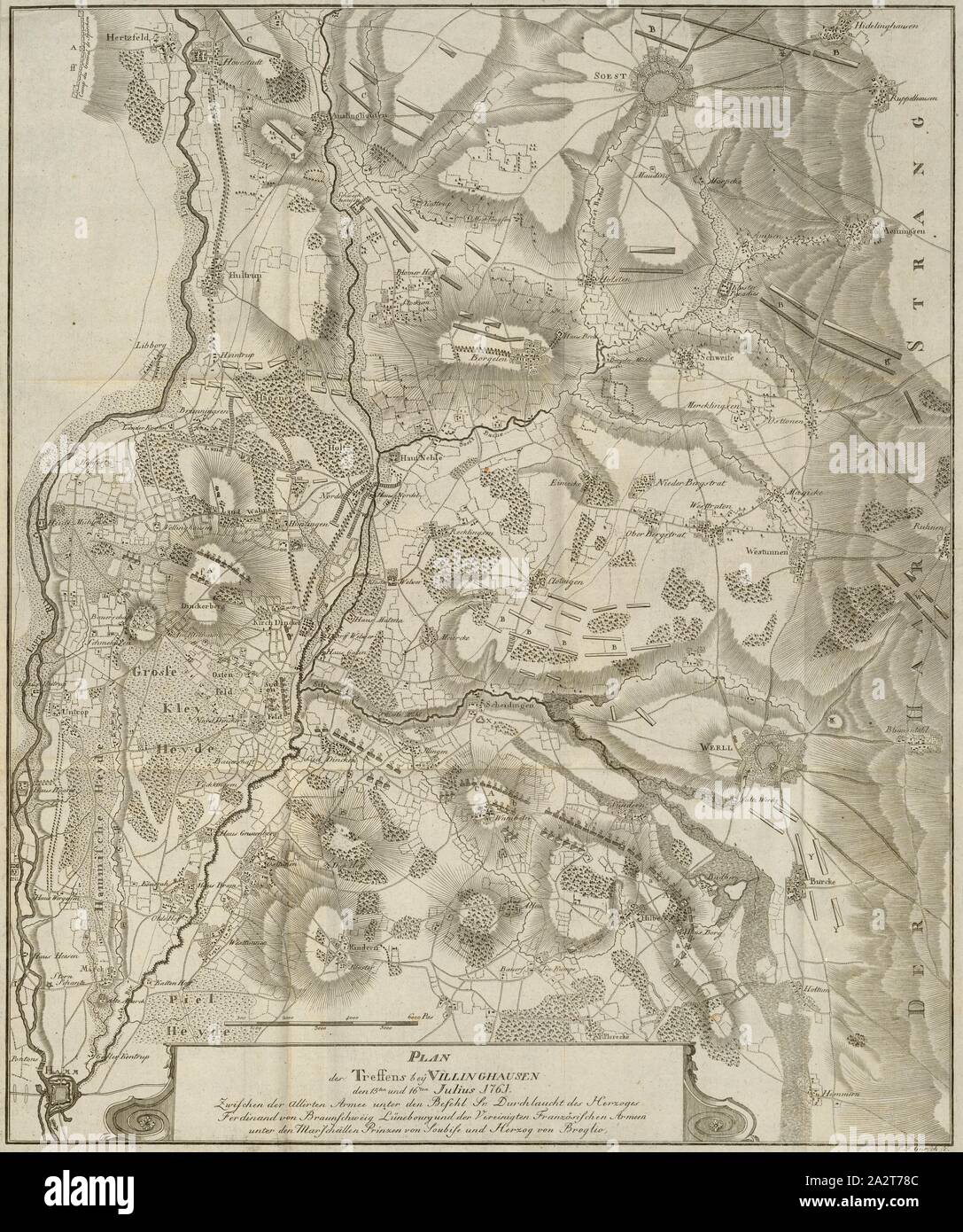 Plan de la réunion à Villinghausen le 15 et 16 juillet 1761, Plan pour la bataille de Vellinghausen le 15 et16 juillet 1761.,, signé : C. F. Gürsch sc, fig. 2, d'après p. 383, Gürsch, Carl Friedrich (sc.), Georg Friedrich von Tempelhoff, Henry Lloyd : Geschichte des siebenjährigen Krieges in Deutschland zwischen dem Könige von Preussen und der Kaiserin Königin mit ihren Alliirten vom Général Lloyd. Als eine Fortsetzung der Geschichte des Général Lloyd. Bd. 5. Berlin : gedrukt und verlegt von Johann Friedrich Unger, 1794 Banque D'Images