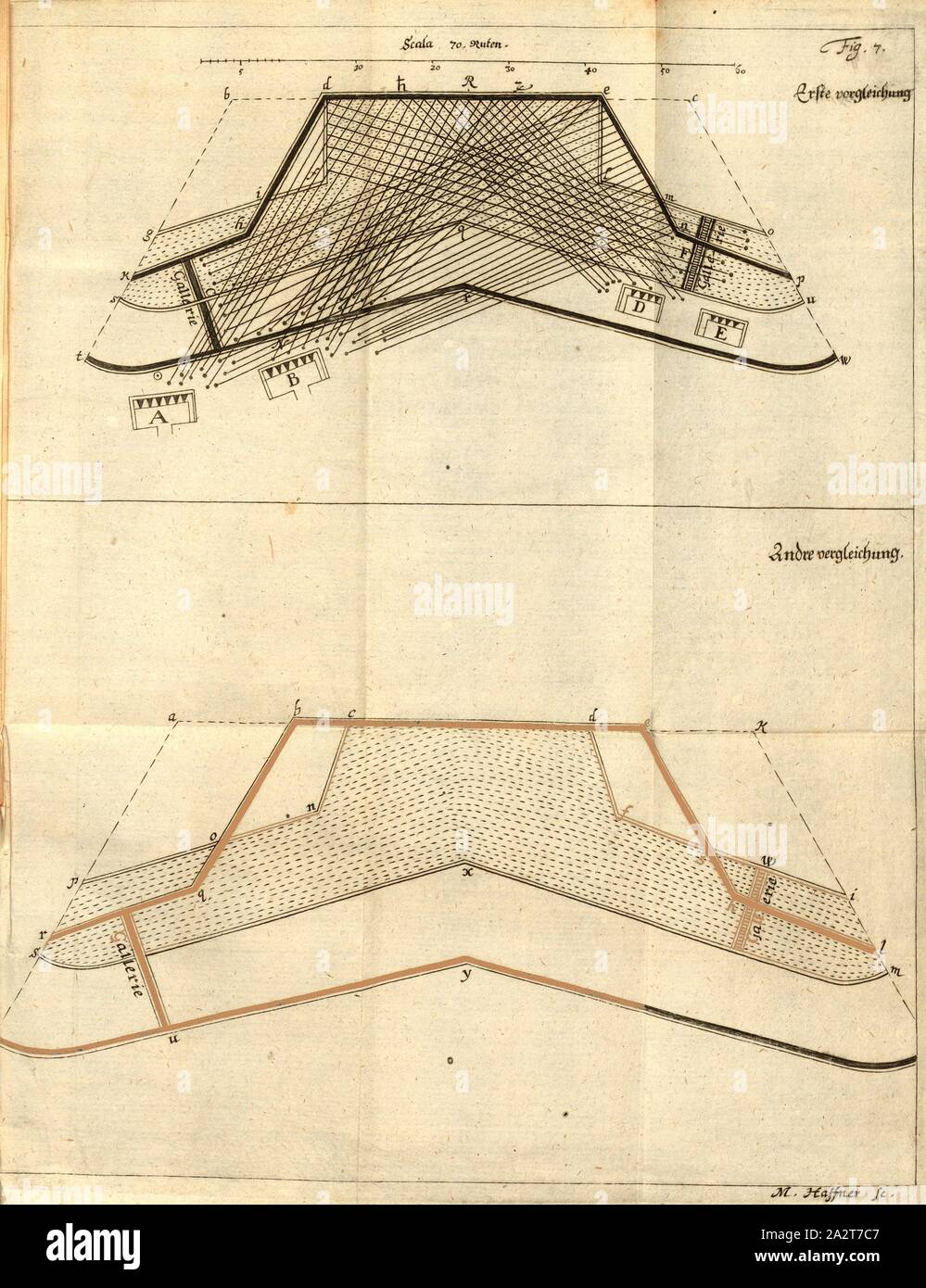 Première Comparaison - Andre Comparaison, plan du salon, signé : M. Haffner, fig. 7, Haffner, Melchior (sc.), 1682, Ernst Friederich von Borgsdorff unüberwindliche : Die Festung, oder das en dem Treffen um die réputation und der Völker erhaltene Libertät Feld (...). En ULM : Verlag Georg Wilhelm Kühnen, 1682 Banque D'Images