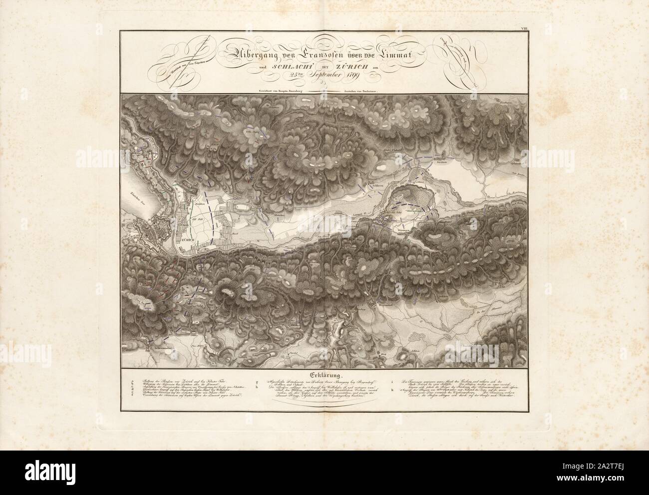 Adoption de l'anglais sur la Limmat et bataille de Zurich le 25 septembre 1799, Deuxième bataille de Zurich le 25 septembre 1799, signé : signé par Hptm. Rosenberg, gravée par Ponheimer, Taf. 8, p. 15, Rosenberg (gez.) ; Ponheimer (gest.), Erzherzog Karl von Oesterreich : Geschichte des Feldzuges von 1799 in Deutschland und in der Schweiz. Bd. 3. Wien : gedruckt bei Anton Strauss, 1819 Banque D'Images