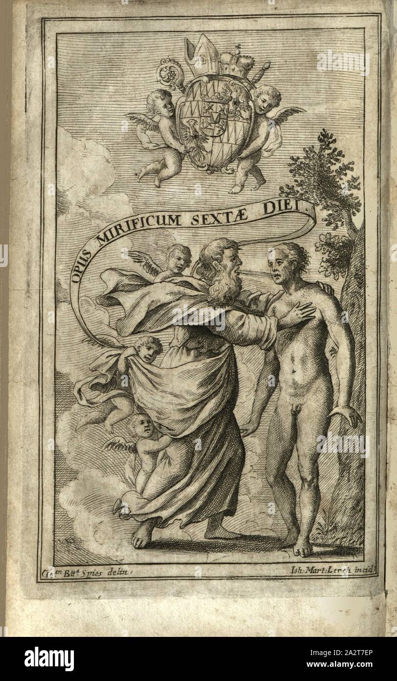 Travailler est extraordinaire sixième jour, la création d'Adam sur le sixième jour, signé : Spies delin, Joh, Mart, Lerch l'incid, frontispice, Spies (del.) ; Lerch, Johann Martin (inc.), Johann Ferdinand Hertodt : Opus mirificum sextae diei, id est homo physice, anatomice, & moraliter dans potiores suas partes dissectus. Ienae sumtibus Collection d Trescheri : Viti, typis Iohannis Nisii MDCLXXI, [1671 Banque D'Images