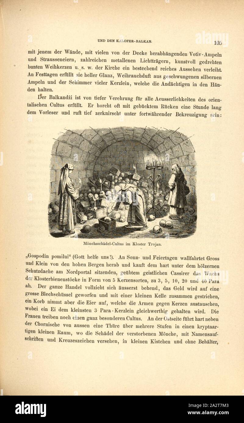 Crâne de moine au monastère de Cultus Trojan, sorte de culte du crâne au monastère de Troie (Bulgarie), les femmes sont à la recherche des crânes de leurs proches décédés, grippage des bougies allumées sur eux et prier avant, date appréciée, fig. 57, p. 105, 1879, F. Kanitz : Donau-Bulgarien und der Balkan : historisch-geographisch-ethnographische Reisestudien aus den Jahren 1860-1879. Leipzig : Verlagsbuchhandlung von Hermann Fries, 1879-1880 Banque D'Images