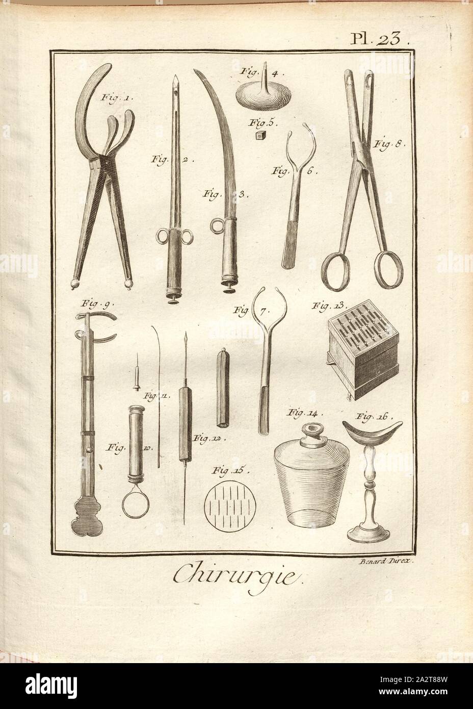 20 la chirurgie, instruments médicaux, signé : Benard direx, pl. 23, après p. 48, Benard (dir.), 1778, Denis Diderot ; M. d'Alembert : encyclopédie, ou Dictionnaire raisonné des sciences, des arts et des métierss, des arts et des métiers. Genève : chez Pellet, [1778 MDCCLXXVIII Banque D'Images