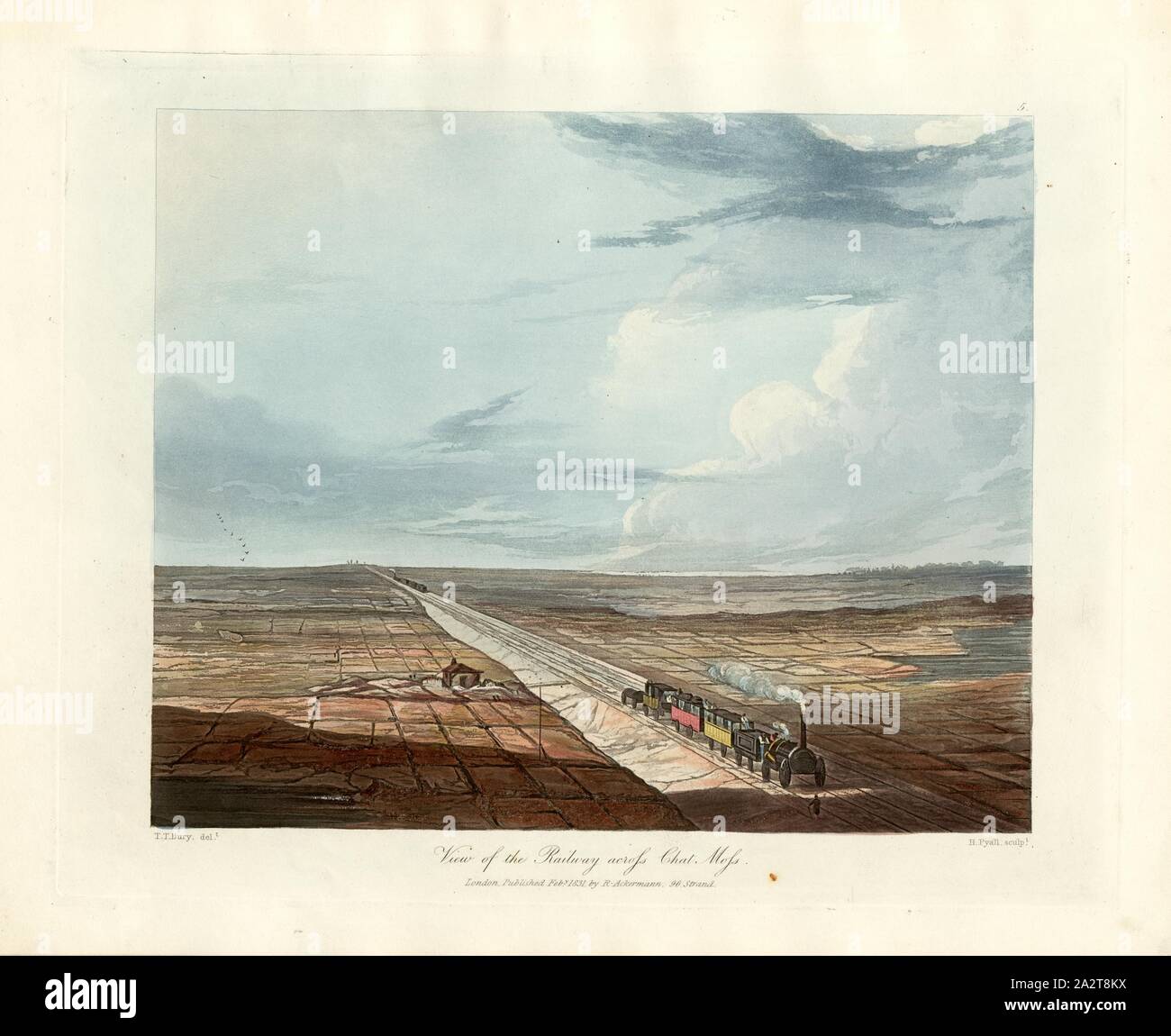 Vue sur le chemin de fer au Chat Moss, Railroad entre Liverpool et Manchester à la Lande de Chat Moss, signé : T. T. Bury (del), H. Pyall (couche externe.), plaque 5, après p. 8, Bury, Thomas Talbot (del), Pyall, Henry (1831), sculptures., T. T. Bury : vues sur le chemin de Liverpool et Manchester : avec des plaques des voitures, machines, &c. : avec indications descriptives, servant de guide aux voyageurs sur le chemin de fer. Londres : publ. par R. Ackermann, 1831 Banque D'Images