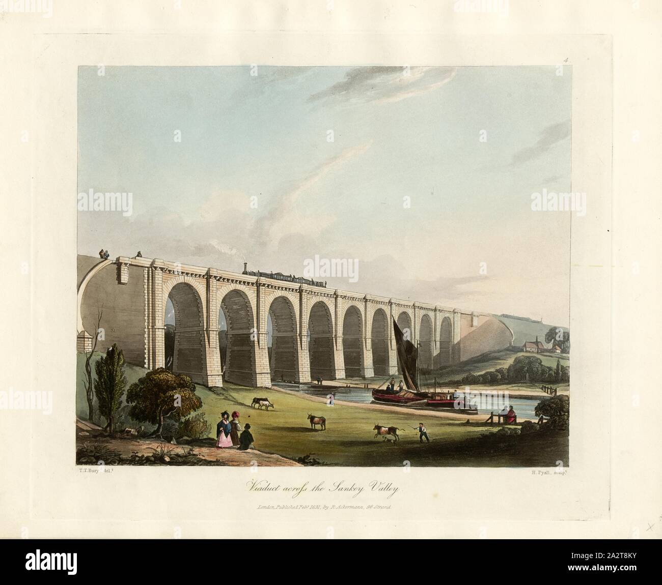 L'ensemble du viaduc Sankey Valley, viaduc sur la Sankey Brook sur le chemin de fer Liverpool et Manchester, signé : T. T. Bury (del), H. Pyall.), sculptures (planche 4, à S. 8, Bury, Thomas Talbot (del), Pyall, Henry (1831), sculptures., T. T. Bury : vues sur le chemin de Liverpool et Manchester : avec des plaques des voitures, machines, &c. : avec indications descriptives, servant de guide aux voyageurs sur le chemin de fer. Londres : publ. par R. Ackermann, 1831 Banque D'Images