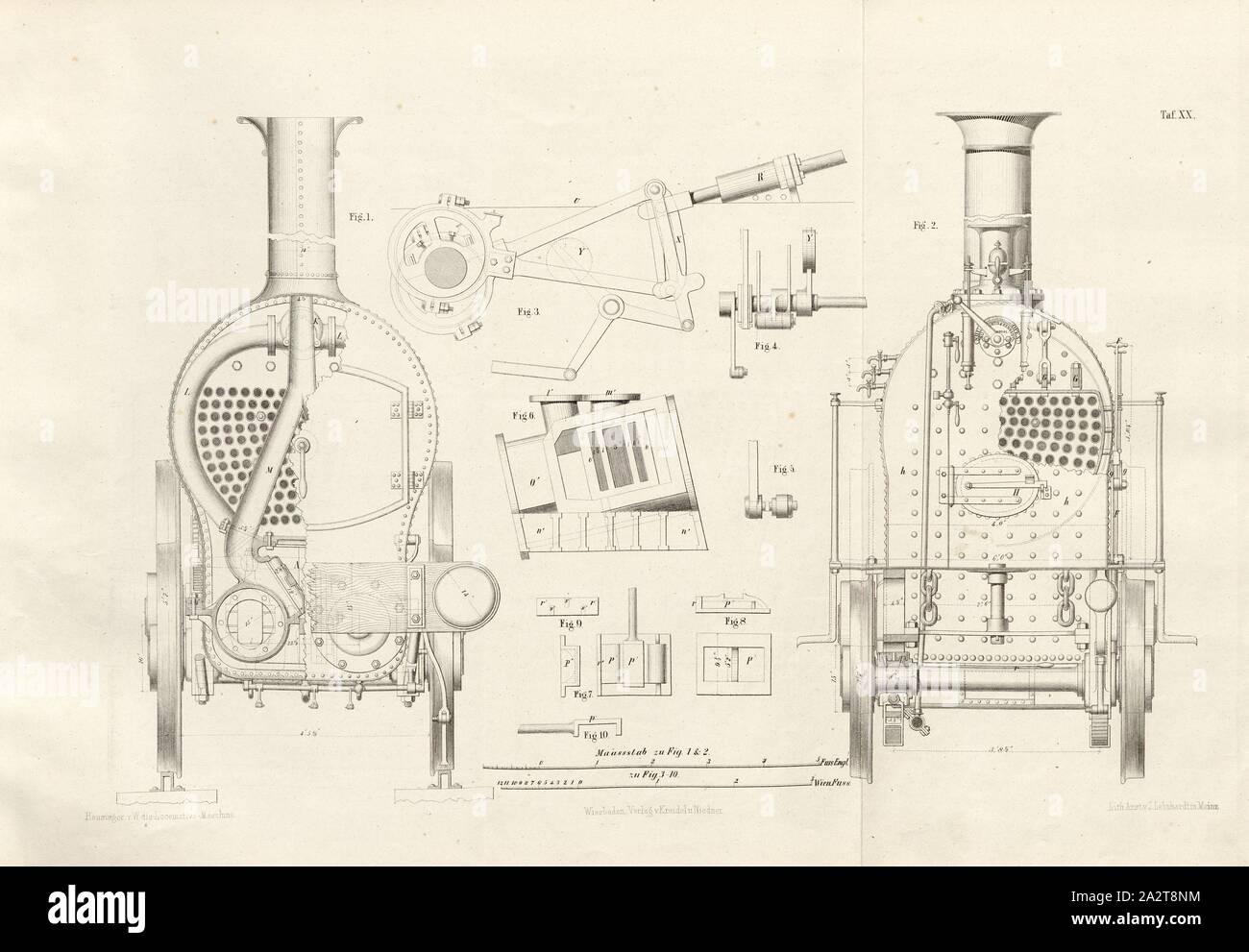 Machine train de voyageurs en fonction de Bury, Curtis et Kennedy et machines à châssis avant, fig. 1-2 : vue en bout et coupe d'une chambre de fumée et un feu fort, fig. 3-10 : Contrôler, contrôler l'arbre avec les leviers, cylindre avec corps de vanne et de miroir, le curseur d'une locomotive sur le châssis avant en fonction de la construction de la Maschinenfabrik der Wien, Vienne, en fer Gloggnitzer signé : c. Heusinger, W, Lith., v, J. ; Lehnhardt Editeur v., c. W. Kreidel Plaque, XX, p. 175 après, Heusinger von Waldegg, Edmund ; Lith. Anstalt von J. Lehnhardt (lith.) ; Christian Wilhelm Kreidel Banque D'Images