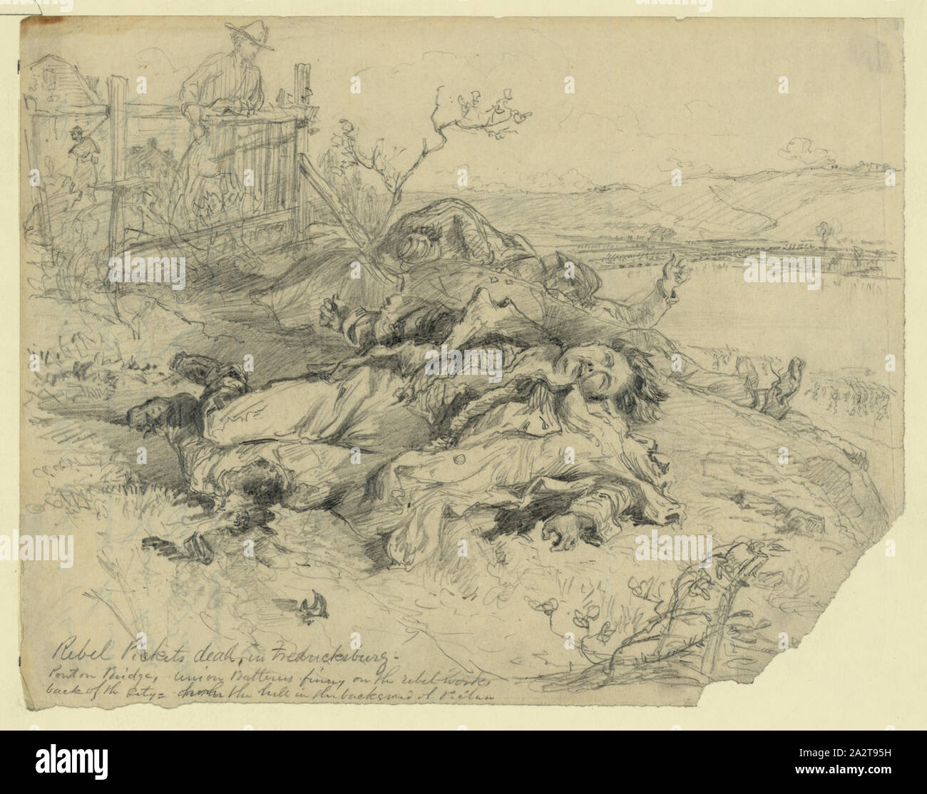 Piquets de rebelles morts, à Fredericksburg. Pont de bateaux, tirer sur les batteries de l'Union fonctionne rebelles arrière de la ville. À partir de la colline dans l'arrière-plan de photo Banque D'Images