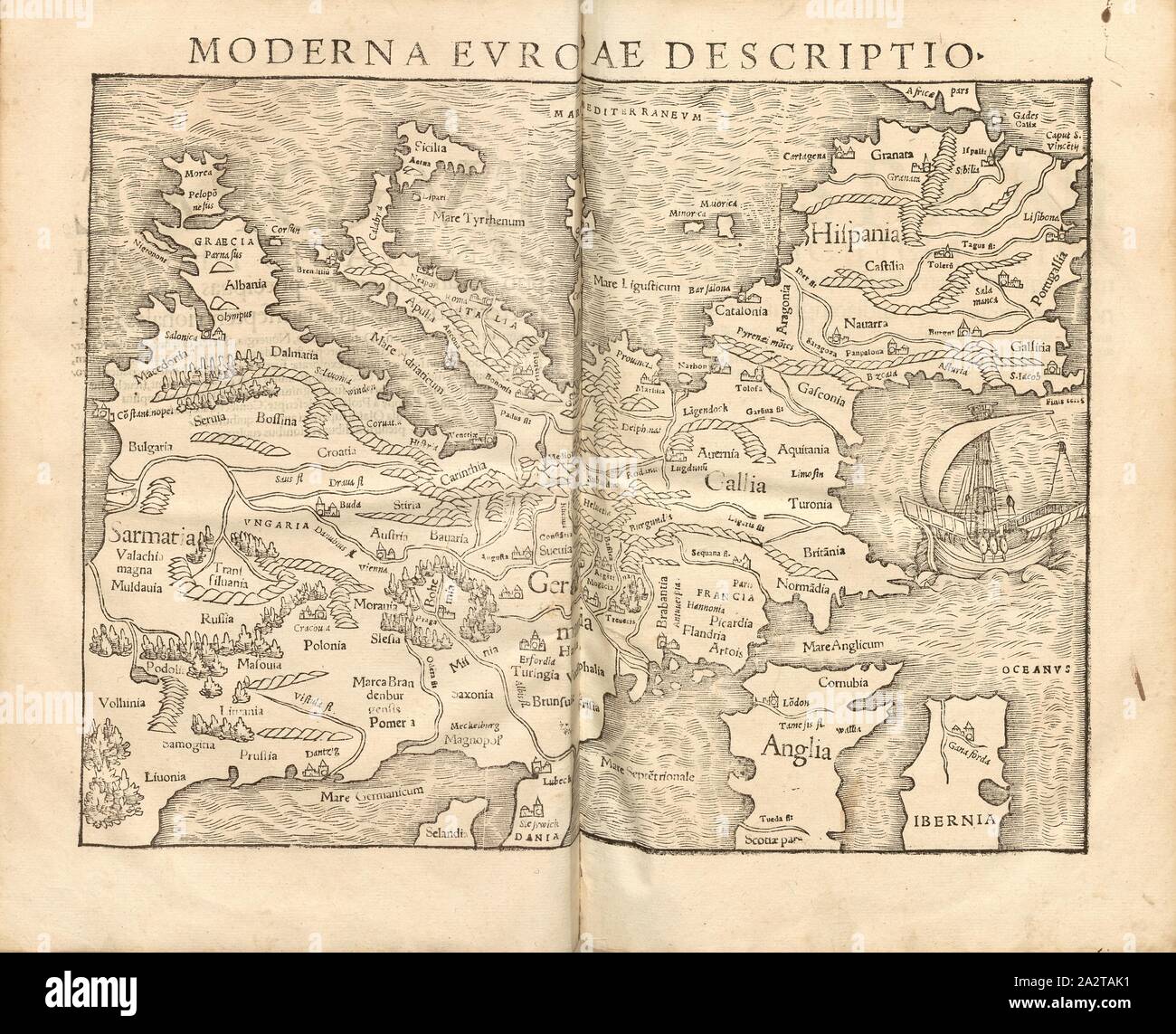 Description de l'européen moderne, carte de l'Europe du 16ème siècle, fig. 5, d'après p. 3, 1552, Sebastian Münster : Cosmographiae universalis Lib. VI. en quibus, iuxta traditionem describuntur certioris fidei scriptorum, Omniu[m] habitabilis orbis partiu[m] situs [...] omnium gentium mores, leges, Religio, res gestae, mutationes [...]. [Bâle] : [Petri], [1552 Banque D'Images