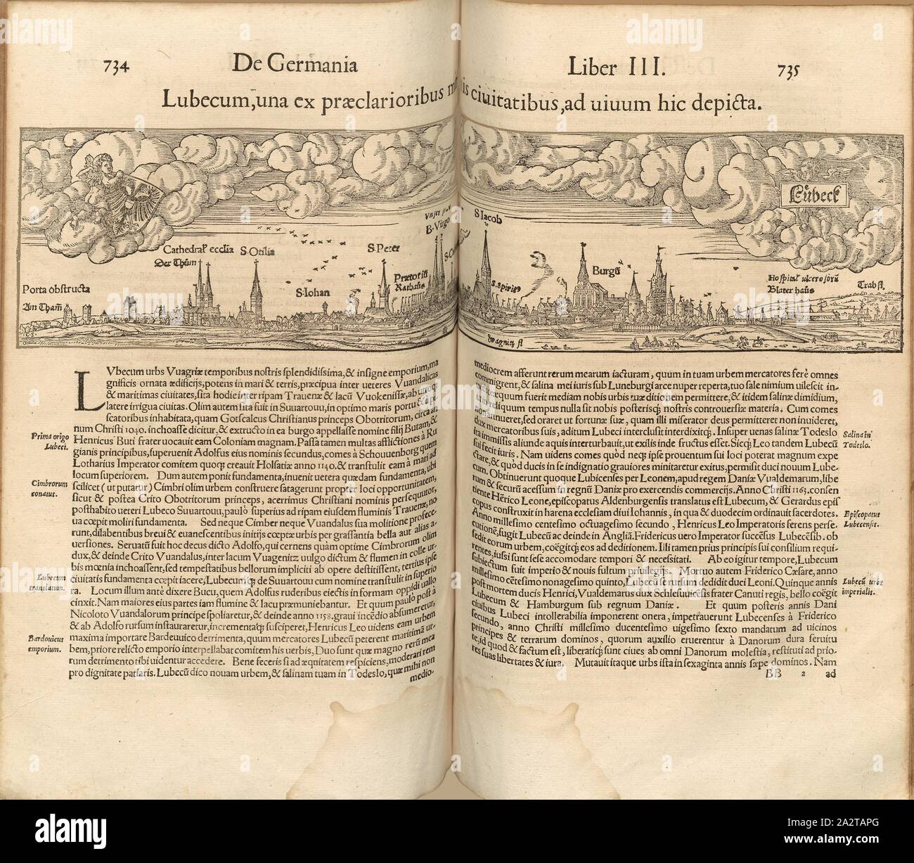 Lubec, l'un des éminents avant tout les villes de la côte, au Dieu vivant, est représenté ici, Illustration de Lübeck à partir de la 16e siècle, fig. 60, pp. 734-735, 1552, Sebastian Münster : Cosmographiae universalis Lib. VI. en quibus, iuxta traditionem describuntur certioris fidei scriptorum, Omniu[m] habitabilis orbis partiu[m] situs [...] omnium gentium mores, leges, Religio, res gestae, mutationes [...]. Liber tertius. [Bâle] : [Petri], [1552 Banque D'Images