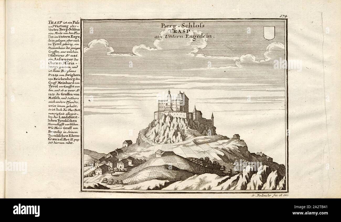 Mont Trasp Engedein Untern au Château de Tarasp, dans le canton des Grisons, signé : G. Bodenehr fec., et exc., a., v, pl. 174, p. 51, après Bodenehr, Gabriel d. Ä (fec. et exc.), 1710, Gabriel Bodenehr : Europens Pracht und macht dans Kupfer-Stücken 200 : worinnen nicht nur berühmtest ansehnlichste und allein die, sondern auch andere Stätte, Festungen, Schlösser, Klöster, Pässe, Residentien Palläste, volckreichen Welttheils, S. 20-21 Wasserfälle und eigentlicher vermittelst anmuthiger prospecte, sambt kurzer couverture Beschreibung zu sonderm Nuzen u. Vergnügender Ergözung vorgestellet Gemüth werden Banque D'Images