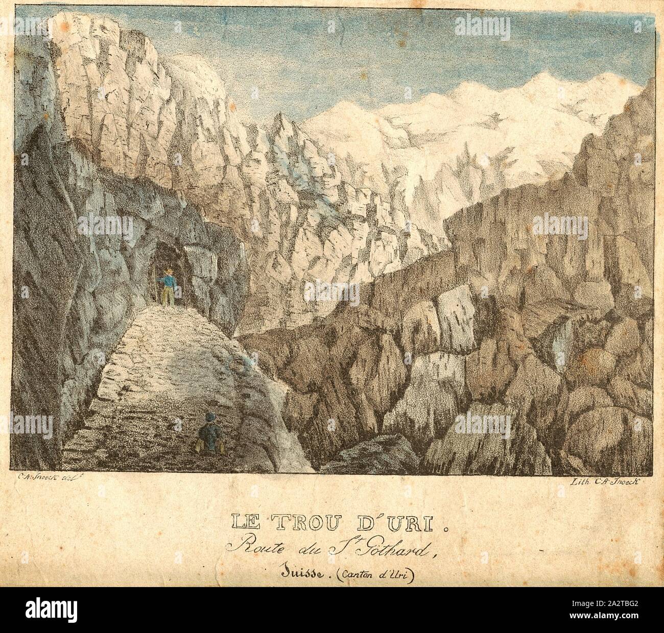 Le trou d'Uri. Saint Gothard Road, Suisse Canton d'Uri, l'Urnerloch en face d'Andermatt dans le canton d'Uri, signé : C. A. Snoeck del, Lith. C. A. Snoeck, fig. 9, après p. 68, Snoeck, Charles Alexander (dess. et lith.), 1824, Charles Alexander Snoeck : Promenade aux Alpes. [Nicht ermittelbar ermittelbar] : [nicht], 1824 Banque D'Images
