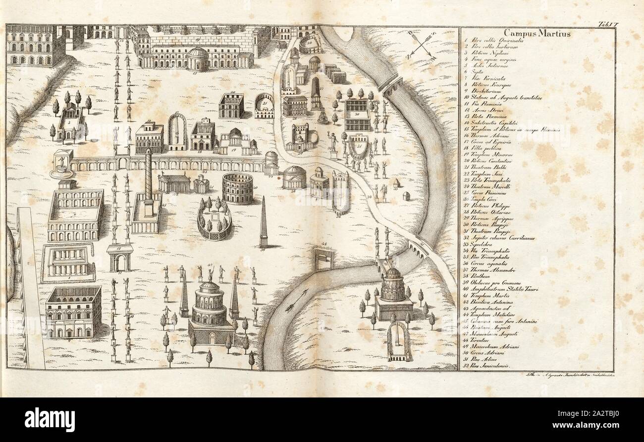 Plan du Campus Martius, le Campus Martius dans Rome, signé : Litho., A. En Eyraudis Neuhalvensleben Kunstanstalt zu, onglet. VI, Eyraud, Carl August (lith.), Franz Heinrich Köhler : Urbs Roma : Ansichten der Tempel, Paläste, théâtre, amphithéâtre, Triumphbogen, Porticus, Naumachieen Basilieae Circi,,,,, Wasserleitungen Grabmäler Thore, Bäder, Ehrensäulen Obelisken, etc. Bd. 1. Leipzig : Köhler, 1829 Banque D'Images