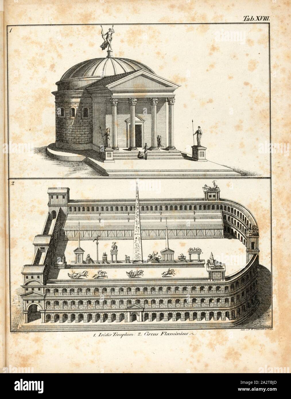 1. Temple d'Isis, 2. Le cirque Flaminius, Temple d'Isis et du cirque Flaminius sur le Campus Martius dans Rome, signé : Lithogr., v, C., Punk et goth Stdr., v, F. W., Thürneck onglet. XVIII, C., Punk et goth (lith.), Thürneck, F. W. (Steindr.), Franz Heinrich Köhler : Urbs Roma : Ansichten der Tempel, Paläste, théâtre, amphithéâtre, Triumphbogen, Porticus, Naumachieen Basilieae Circi,,,,, Wasserleitungen Grabmäler Thore, Bäder, Ehrensäulen Obelisken, etc. Bd. 1. Leipzig : Köhler, 1829 Banque D'Images