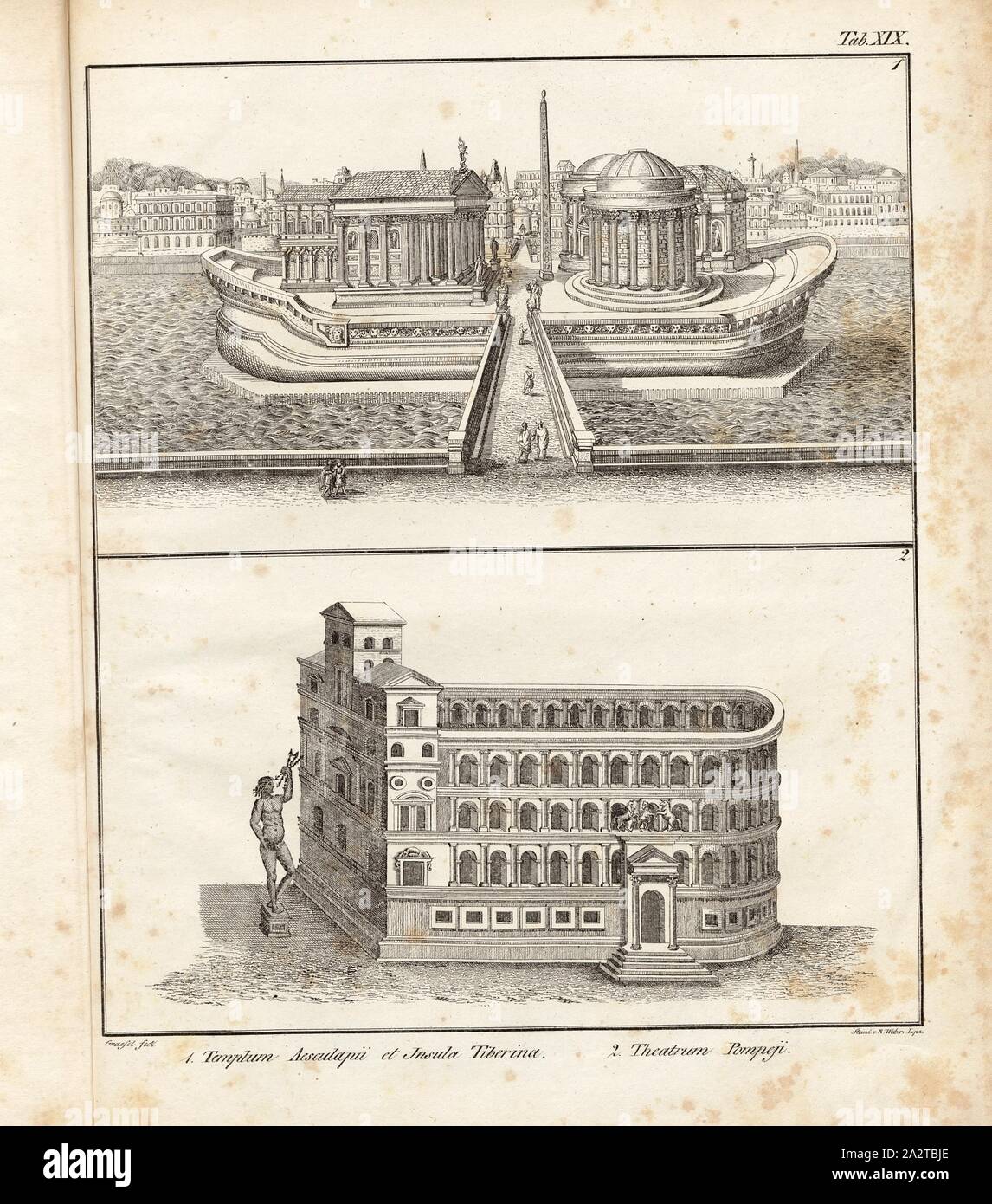 1. Temple d'Asclépios et l'île Tiberina, 2. Théâtre de Pompey, Aeskulap temple sur la place d'Espagne et du théâtre de Pompée à Rome, signé : Graesel (FEC), Steind., v, R. Weber, onglet. XIX, Graesel (FEC), Weber, Rudolf (Steindr.), Franz Heinrich Köhler : Urbs Roma : Ansichten der Tempel, Paläste, théâtre, amphithéâtre, Triumphbogen, Porticus, Naumachieen Basilieae Circi,,,,, Wasserleitungen Grabmäler Thore, Bäder, Ehrensäulen Obelisken, etc. Bd. 1. Leipzig : Köhler, 1829 Banque D'Images