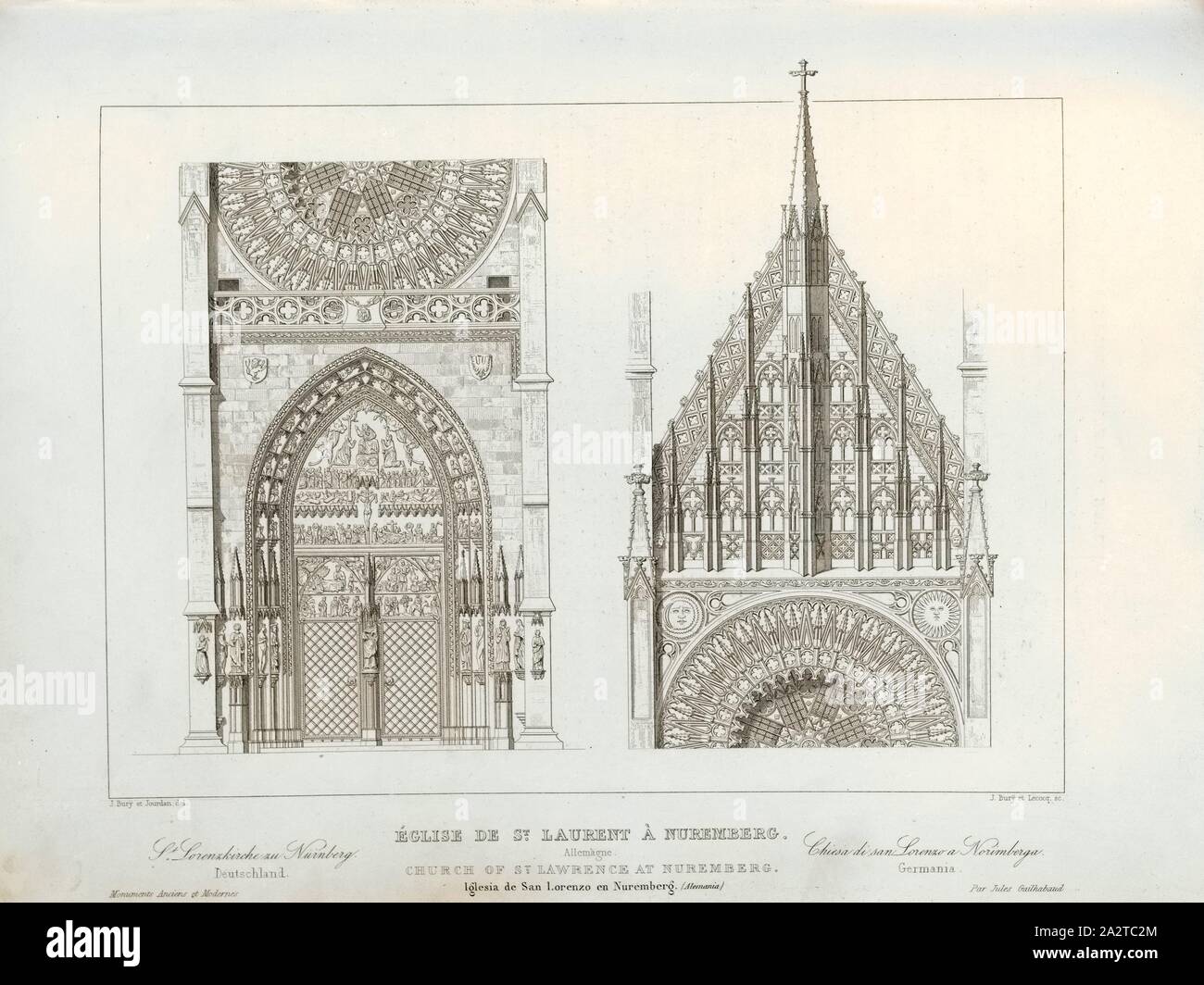 L'église Saint-Laurent à Nuremberg. L'Allemagne, l'église Saint-Laurent à Nuremberg, signé : J. Bury et Jourdan del, J. Bury et Lecoq sc, Pl., 50, Jourdan, Jean Marie (del.) ; Bury, Jean Baptiste Marie (del. et sc.) ; Lecoq (sc.), 1853, Jules Gailhabaud : Monuments anciens et modernes : collection formant une histoire de l'architecture des différents peuples à toutes les époques. Paris : Librairie de Firmin Didot frères, 1853 Banque D'Images