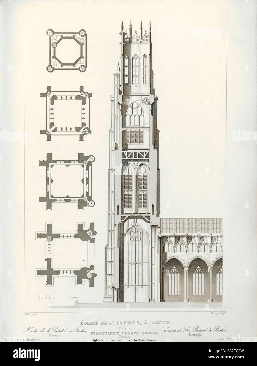 Église Saint Botolph, Boston. Détails, Eglise St Botolph Tower à Boston (Lincolnshire, Angleterre), signé : A. Berty del, sculptures sur Bury, Pl., 55, Berty, Adolphe (del.) ; Bury, Jean Baptiste Marie (sc.), 1853, Jules Gailhabaud : Monuments anciens et modernes : collection formant une histoire de l'architecture des différents peuples à toutes les époques. Paris : Librairie de Firmin Didot frères, 1853 Banque D'Images