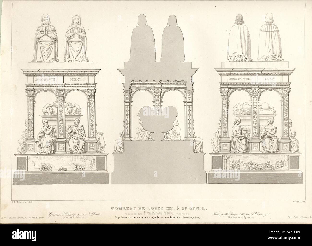 Tombeau de Louis XII, Saint Denis. L'élévation et la coupe, tombeau de Louis XII (1462-1515) dans la cathédrale de Saint-Denis, signé : J. de Mérindol del, Clermont-tonnerre sc, fig. 55, p. 240, Merindol, Jules Charles Joseph de (del.) ; Clermont-tonnerre, Auguste Louis François (sc.), 1853, Jules Gailhabaud : Monuments anciens et modernes : collection formant une histoire de l'architecture des différents peuples à toutes les époques. Paris : Librairie de Firmin Didot frères, 1853 Banque D'Images Tombeau de Louis XII, Saint Denis. L'élévation et la coupe, tombeau de Louis XII (1462-1515) dans la cathédrale de Saint-Denis, signé : J. de Mérindol del, Clermont-tonnerre sc, fig. 55, p. 240, Merindol, Jules Charles Joseph de (del.) ; Clermont-tonnerre, Auguste Louis François (sc.), 1853, Jules Gailhabaud : Monuments anciens et modernes : collection formant une histoire de l'architecture des différents peuples à toutes les époques. Paris : Librairie de Firmin Didot frères, 1853 Banque D'Images