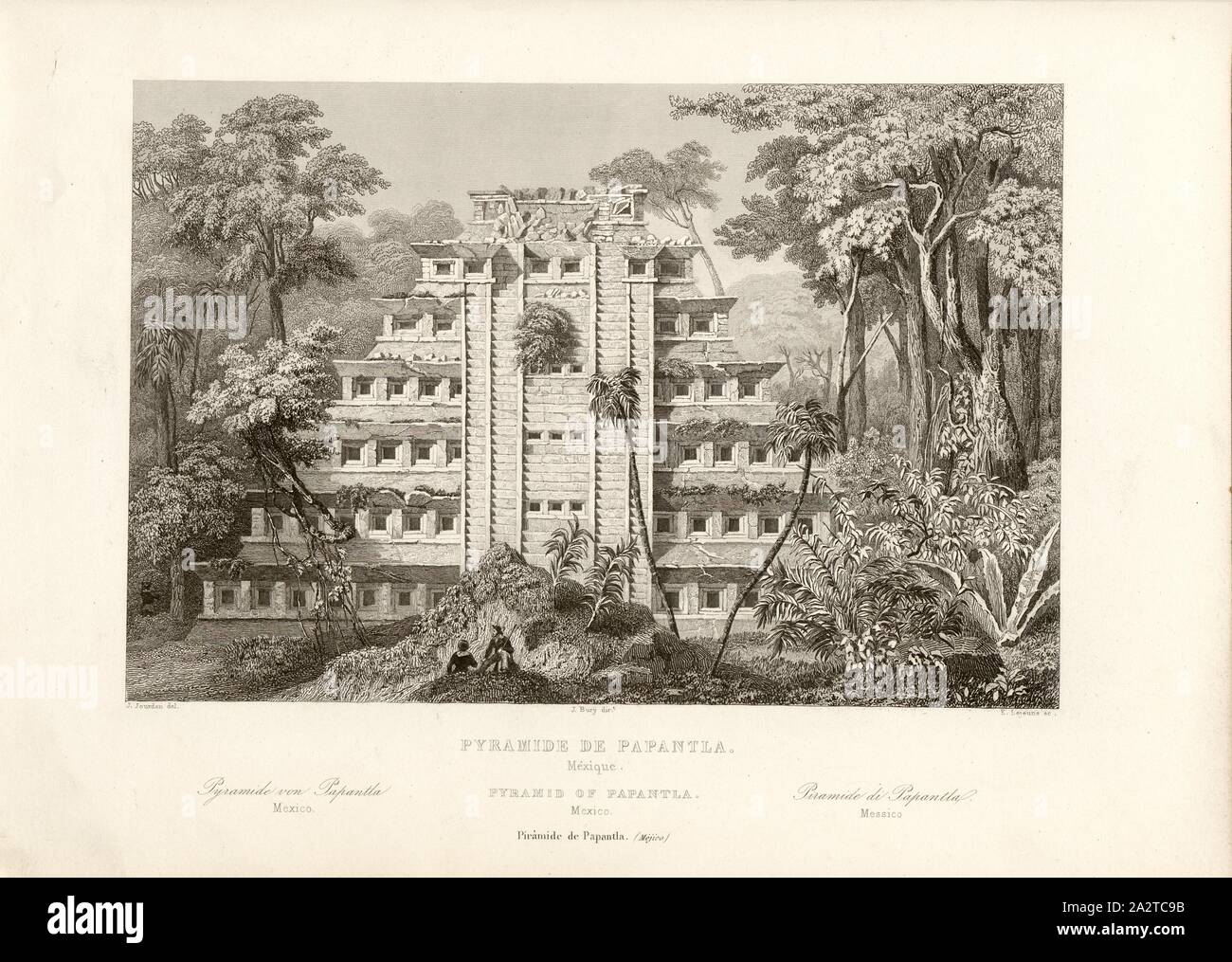 Pyramide de Papantla. Le Mexique, pyramide Los Nichos dans la ville en ruines d'El Tajín près de Papantla au Mexique, signé : J. Jourdan del, E. Lejeune sc, fig. 82, p. 344, Jourdan, J. (del.) ; Lejeune, E. (sc.), 1853, Jules Gailhabaud : Monuments anciens et modernes : collection formant une histoire de l'architecture des différents peuples à toutes les époques. Paris : Librairie de Firmin Didot frères, 1853 Banque D'Images