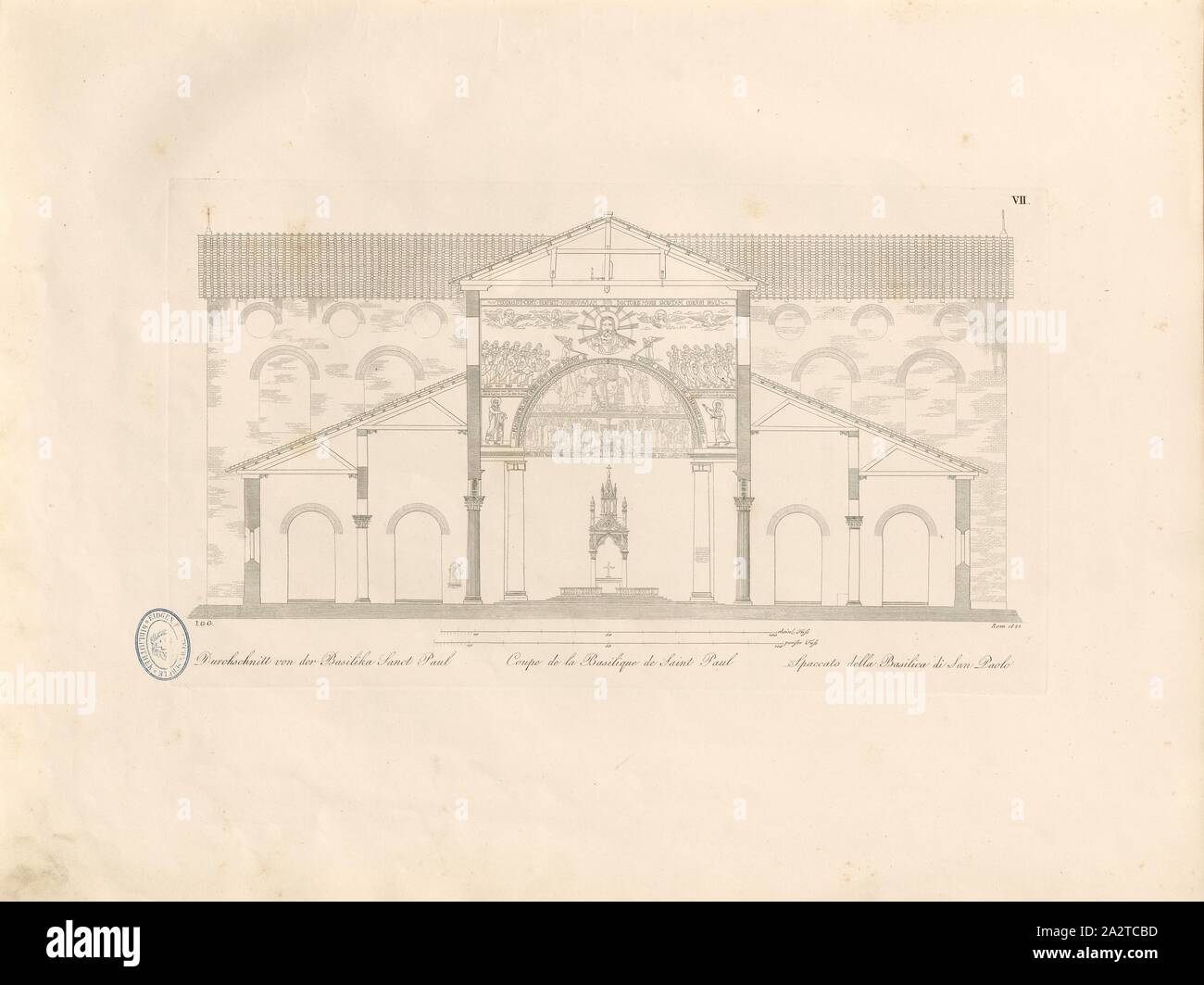 Moyenne de la Basilique Sanct Paul, coupe de la Basilique de Saint Paul Hors les Murs à Rome, signé : I. G. G, Taf. VII, p. 6, après Christian Karl Josias von Bunsen : Die Basiliken des christlichen rom : nach ihrem Zusammenhange mit Idee und Geschichte der Kirchenbaukunst. Bd. 2. München : Literarisch-artistische Anstalt der J. G. Cotta'schen Buchhandlung, [1824 Banque D'Images