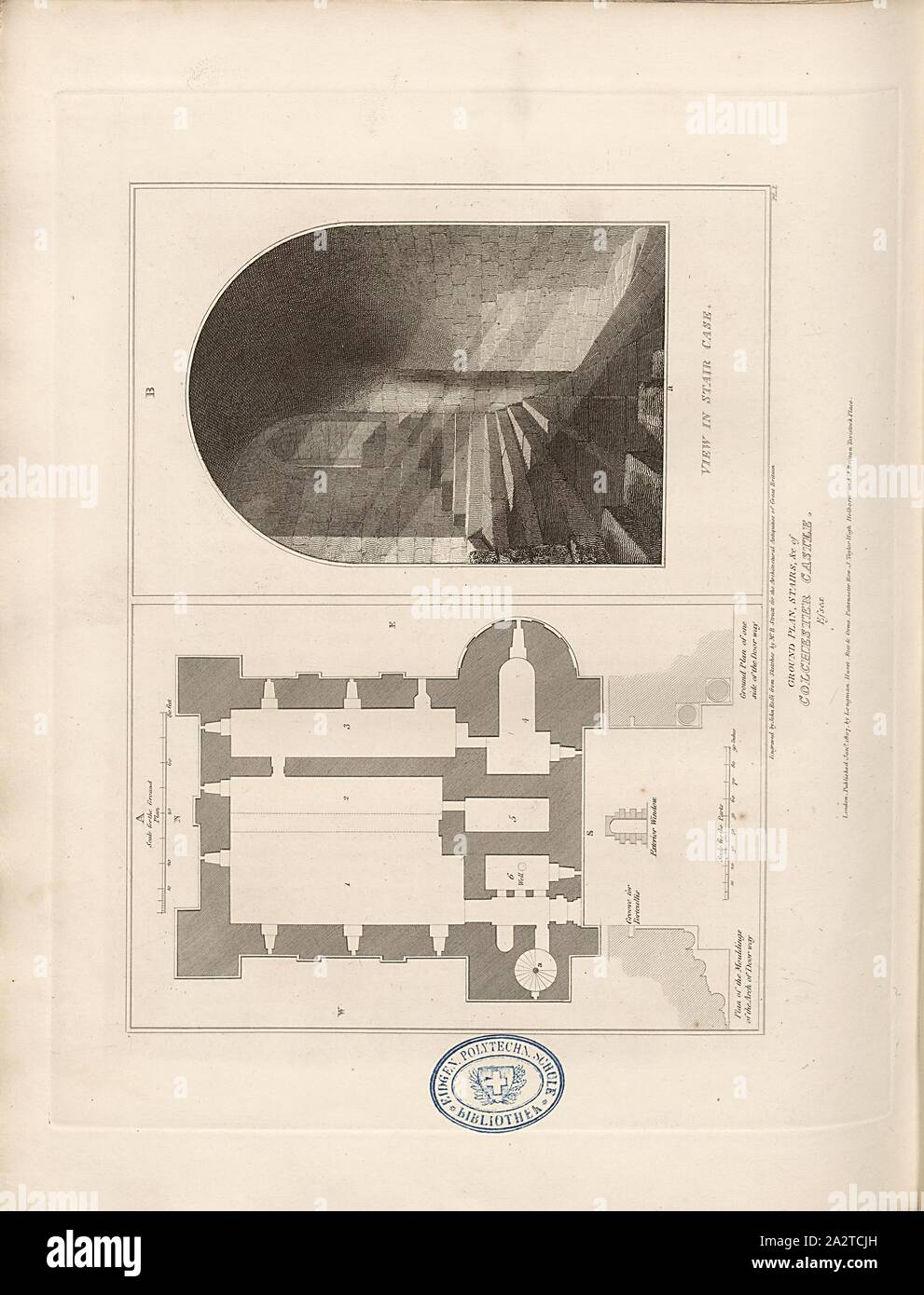 Plan au sol, des escaliers, etc. de Château de Colchester, Essex, un plan au sol et les détails de Colchester Castle dans l'Essex, signé : gravée par John Roffe à partir de croquis par M. B. Strutt, fig. 57, Pl. I, après p. 2, Strutt, B. (esquisse), Roffe, John (Ing.), 1807, John Britton : Les antiquités architecturales de Grande-bretagne : représentés et illustré dans une série de vues, élévations, plans, coupes et détails de divers édifices anglais ancien : historique et descriptive avec comptes de chacune. Bd. 1. Londres : J. Taylor, 1807-1826 Banque D'Images