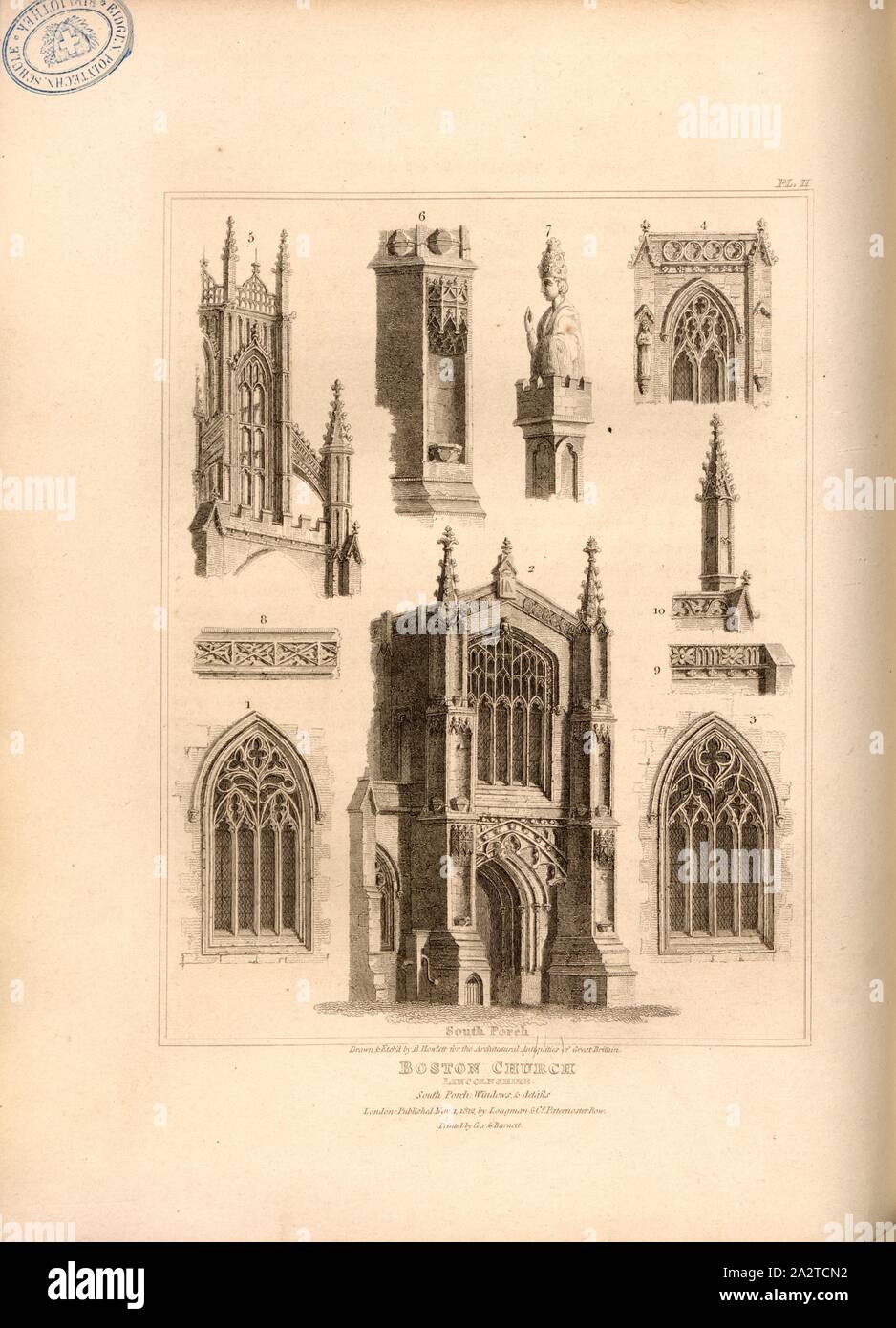 L'église de Boston, Lincolnshire, porche Sud Détails de Windows, dans l'église St Botolph Boston, Lincolnshire, signé : dessiné & Etch'd par B. Howlett ; publié par Longman & Co, fig. 35, Pl. II, p. 118 après, Howlett, Bartholomew (Dessin et gravure) ; Longman & Co., 1812 (publié), John Britton : Les antiquités architecturales de Grande-bretagne : représentés et illustré dans une série de vues, élévations, plans, coupes et détails de divers édifices anglais ancien : historique et descriptive avec comptes de chacune. Bd. 4. Londres : J. Taylor, 1807-1826 Banque D'Images