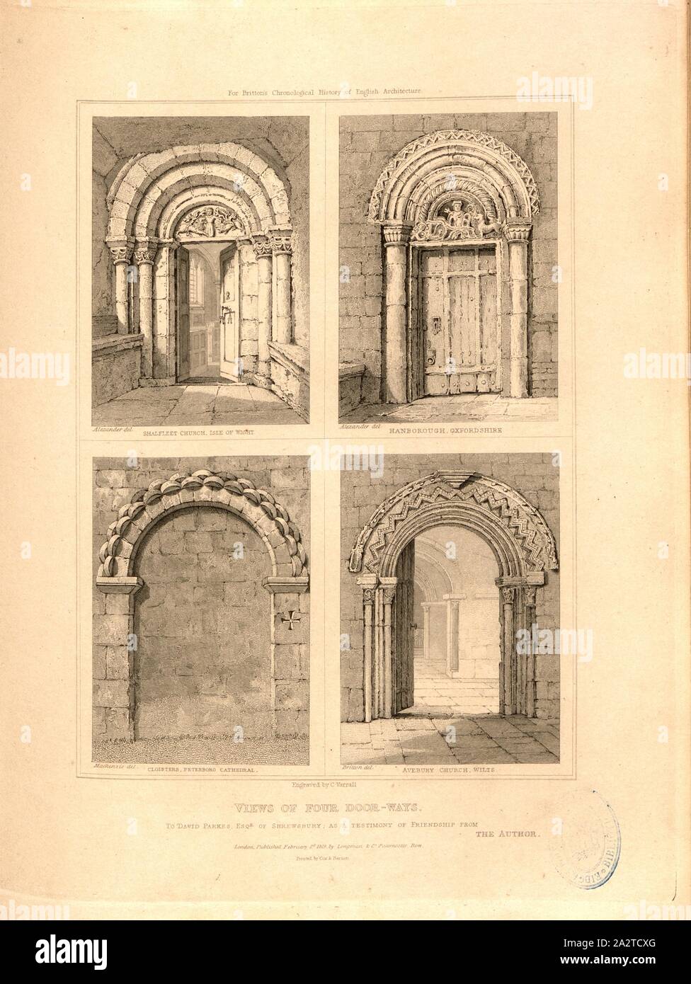 Vues de quatre façons de porte, les portes de l'Église, Shalfleet ; île de Wight Hanborough, Oxfordshire, cloîtres, Peterboro Cathédrale, l'Église d'Avebury, Wilts, signé : Alexander Mackenzie, del del. Britton del, gravé par C. Varrall ; publié par Longman & Co, fig. 17, p. 260 après, Alexander (del.) ; Mackenzie, F. (del.) ; Britton, John (del.) ;, Varrall, C. (gravure) ; Longman & Co., 1819 (publié), John Britton : Les antiquités architecturales de Grande-bretagne : représentés et illustré dans une série de vues, élévations, plans, coupes et détails de divers édifices anglais ancien : avec Banque D'Images