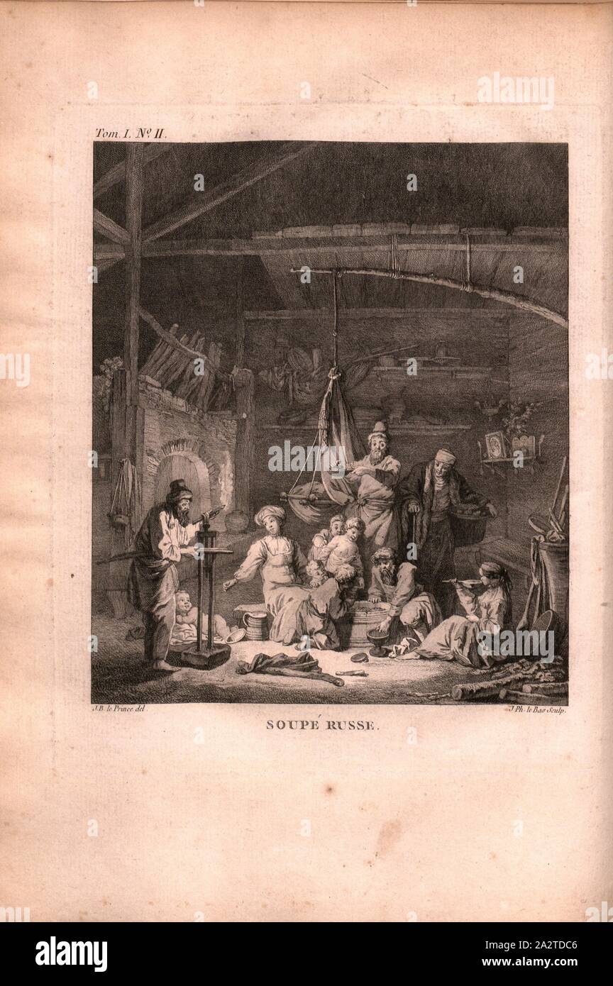 Dîner russe, fédération de famille se réunit pour le dîner, signé : J. B. le Prince (del), J. Ph. Le Bas (couche externe.), la gravure sur cuivre, non. II, d'après p. 40 (vol. 1), Le Prince, Jean-Baptiste ; le bas, Jacques-Philippe, 1768, Jean chappe d'Auteroche : Voyage en Sibérie fait par ordre du Roy en 1761 : contenant les mœurs, les usages des Russes, et l'etat actuel de cette puissance. Paris : chez Debure, 1768 Banque D'Images