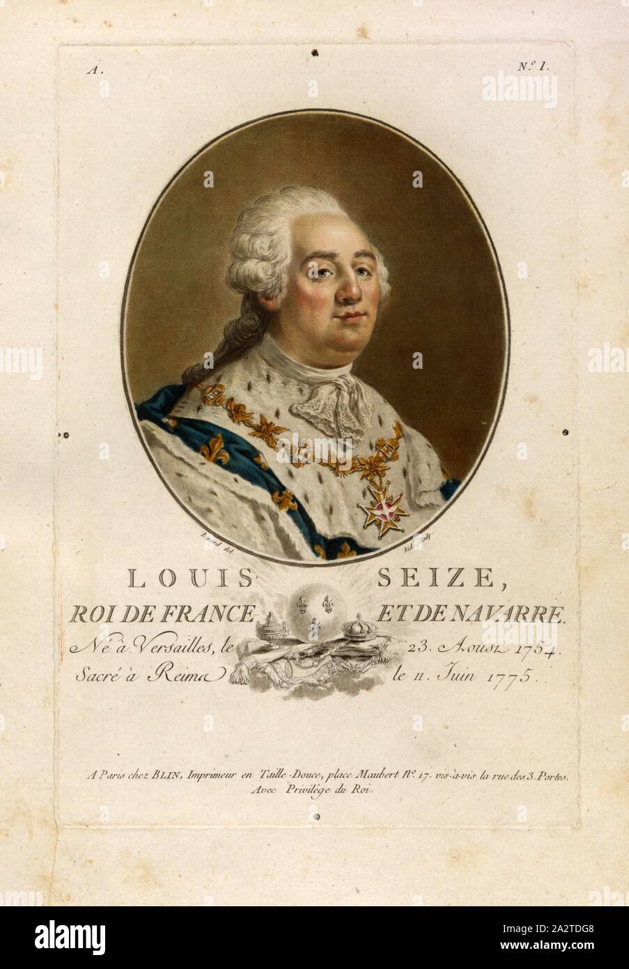 Saisir Louis, Roi de France et de Navarre, Louis XVI, roi de France et de Navarre, signé : Bernard (del.) ; Ridé (couche externe.), Blin (chez), un non. 1, Bernard (del.) ; Ridé (sc.), Blin (chez), Antoine François Sergent-Marceau : Portraits des grands hommes, femmes illustres et sujets mémorables de France : gravés et imprimés en couleurs. Dédié au Roi. Bd. 1. Paris : chez Blin, Imprimeur en Taille-Douce, [1786-1792 Banque D'Images