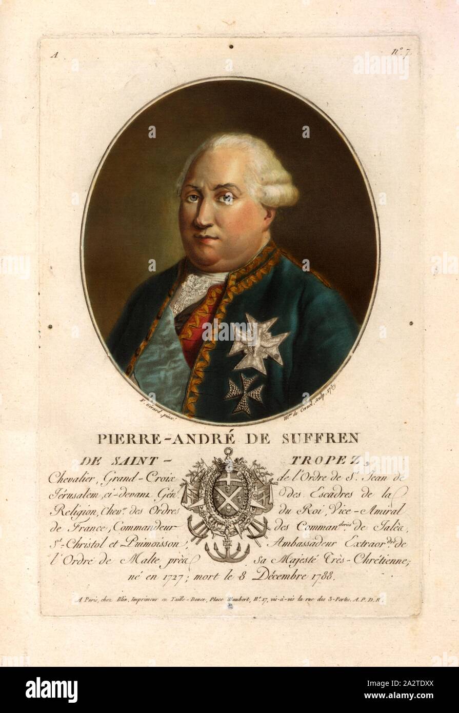 Pierre-André de Suffren de Saint-Tropez, Comte Pierre André de Suffren de Saint Tropez, Bailli de Suffren, signé : F. Gérard (pinx.) ; Mme de Cernel (couche externe.) ; chez Blin, une no 7, Gérard, F. (pinx.) ; Cernel, Marie-Louise-Suzanne Champion de (sc.) ; Blin (chez), Antoine François Sergent-Marceau : Portraits des grands hommes, femmes illustres et sujets mémorables de France : gravés et imprimés en couleurs. Dédié au Roi. Bd. 2. Paris : chez Blin, Imprimeur en Taille-Douce, [1786-1792 Banque D'Images