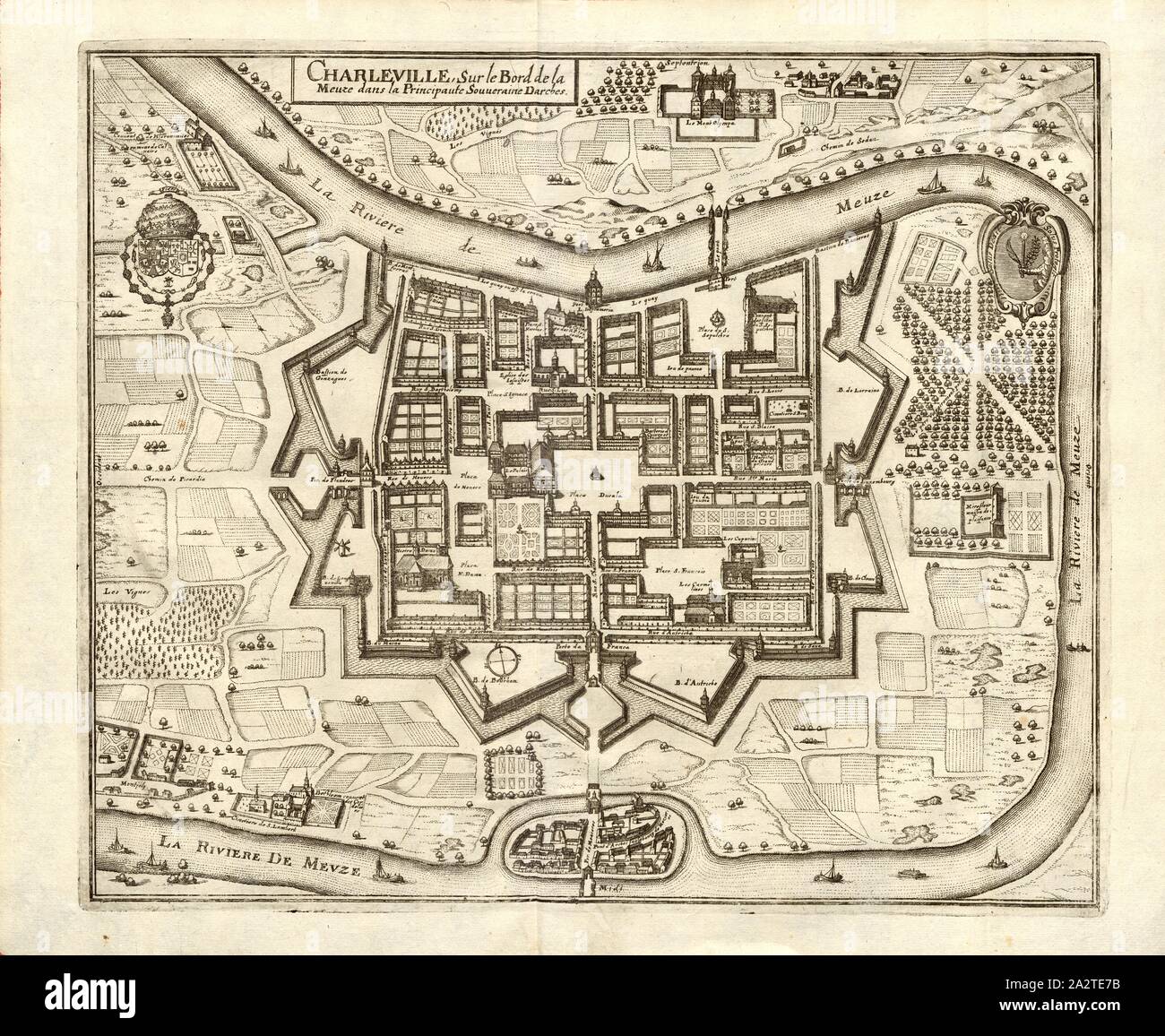 Charleville, sur le bord de la Meuse dans la Principaute Souveraine Darches, la carte de Charleville-Mézières sur la Meuse en France, fig. 34, troisième partie, après p. 8, Martin Zeiller : Topographia Galliae, de l'Oder, Contrafaitung vornehmbsten und Beschreibung der und dem bekantisten Oerter dans mächtigen und grossen Königreich Franckreich beedes eygner : auss Erfahrung und den Besten und berühmbtesten Scribenten underschiedlichen Spraachen dans aussgangen seyn dont auch auss erlangten- und Bericht von etlichen Relationen Jahren hero dans zusammengetragen richtige Ordnung und gebracht auff begehren zum Druck Banque D'Images