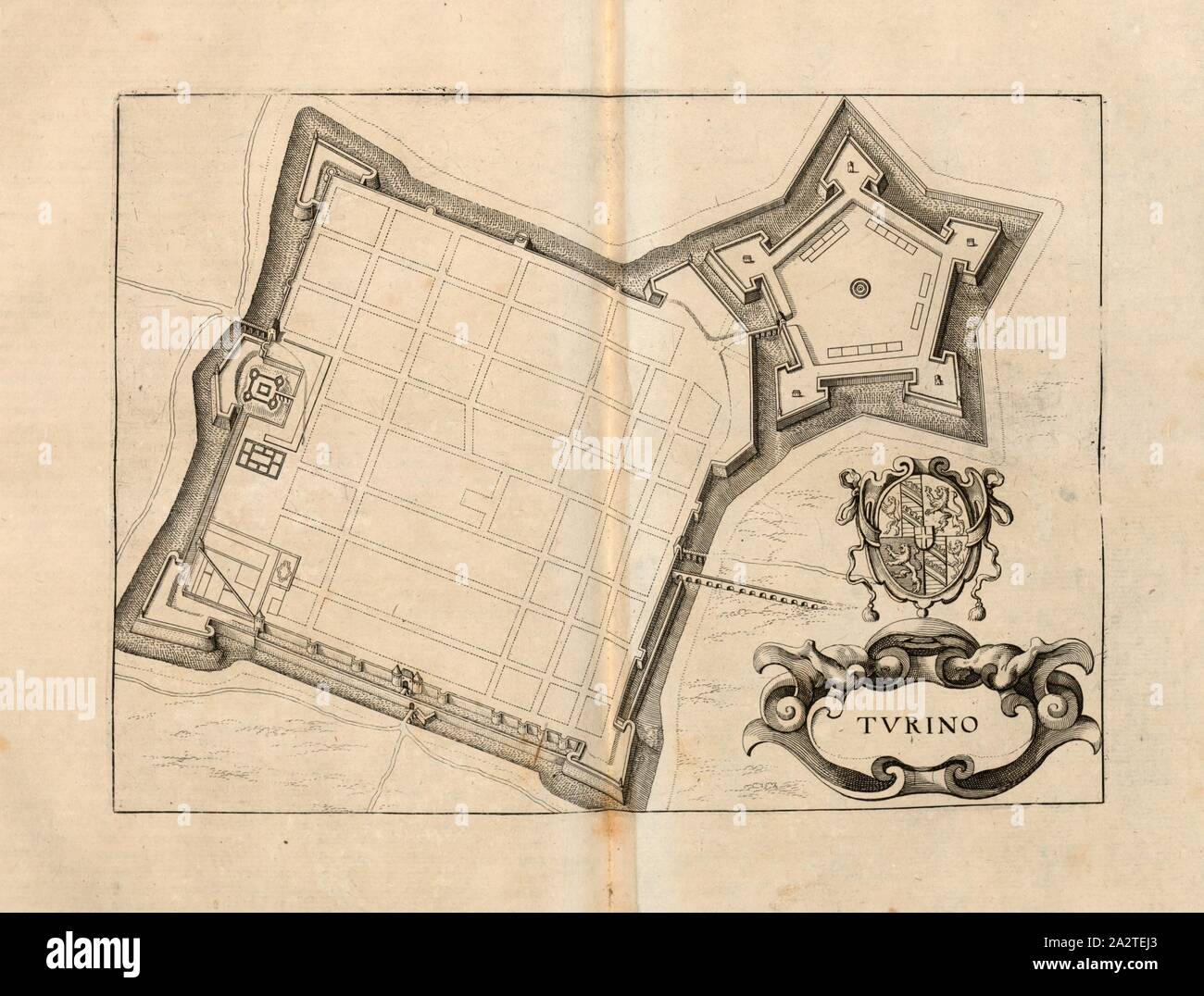 Turin, la carte de Turin (Italie), fig. 8, p. 40, 1640, Martin Zeiller : Itinerarium Italiae nov-Raiss-Beschreibung antiquae oder durch Italien : darinn nicht allein viel underschiedliche selbsten Welschland Weg durch das [...]. "Francfort : dans Verlegung Matthaei Merians, M.DC.XL. [1640 Banque D'Images