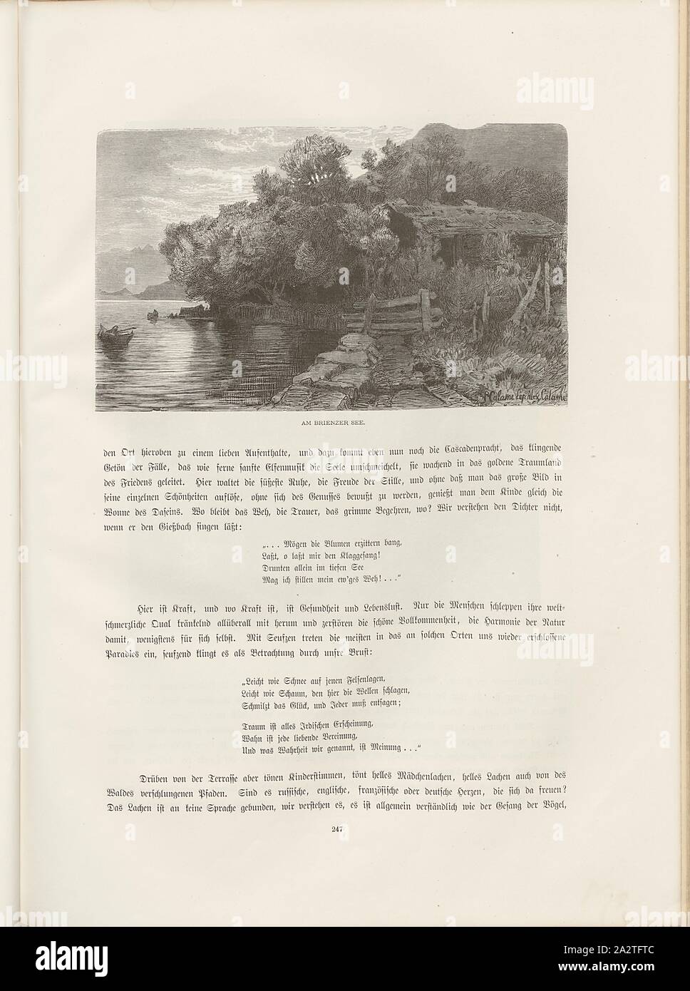 Suis Brienzer Voir, Illustration d'une banque du lac de Brienz à partir du xixe siècle, signé : Ar., Calame, Alex., Calame, fig. 217, p. 247, Calame, Arthur ; Calame, Alexander, Kaden Woldemar : Das Schweizerland : eine durch Sommerfahrt Gebirg und Thal. Stuttgart : Engelhorn, 1875 Banque D'Images