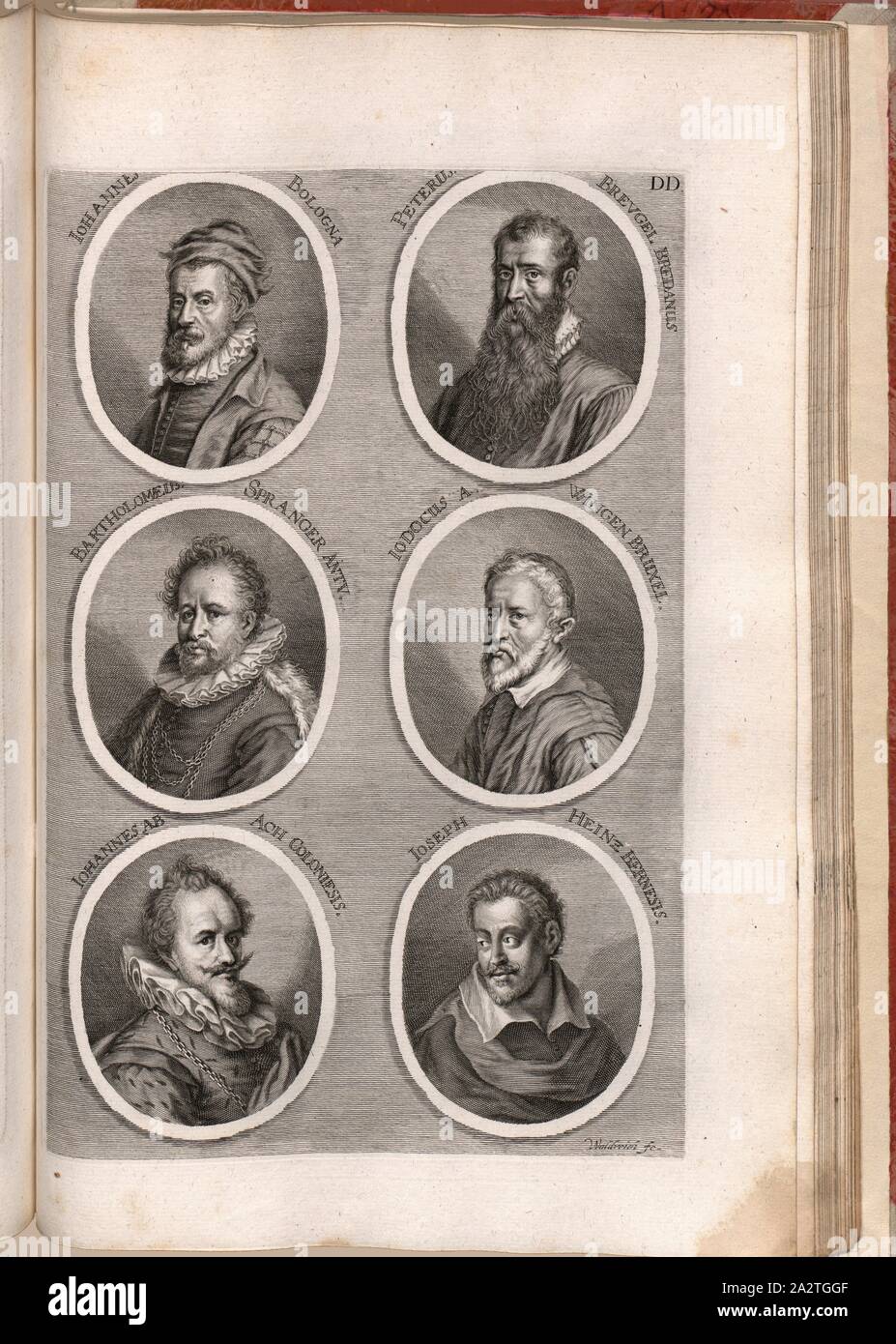 Giovanni Bologna, Peters Breugel bredan, Bartholoäus Spranger Ante. Sisto de Durrenbach Bruxels, John de Cologne Ach, Joseph Heinz Oberland, Portrait de Giambologna, Pieter Bruegel, de Oudere, Barthélemy Spranger, Jodocus Van Winghe, Hans von Aachen, Joseph Heintz, signé : Waldreich sc, fig. 27, DD, p. 424 après, Waldreich, Johann Georg (sc.), 1774, Joachim von Sandrart:Teutsche Academie der Bau- und Bildhauer- Maler-Kunst worinn : die Regeln und Lehrsätze dieser Künste gegeben, nicht weniger zu besten die Erläuterung multiples Exemple der alten und neuen Künstler dans beygefüget Kupfer worden Banque D'Images