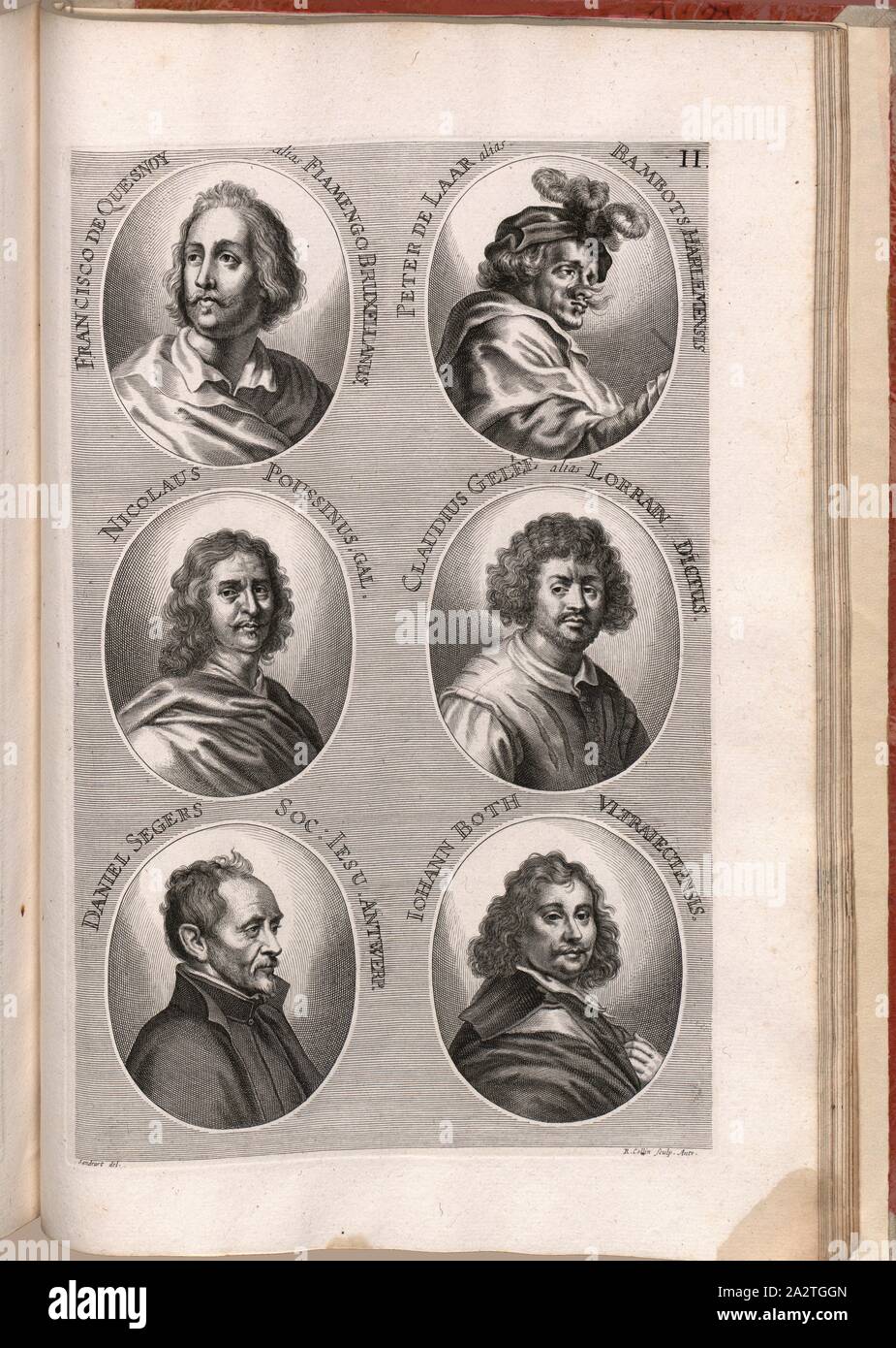 Francis Quesnoy autres fiamengo Bruxellanus Peter de Laar autres est plein de Harlem, Nicolas Poussin Gal. La nomination a été faite à un autre moment Lorrain Gelée, Claudius, O Daniel Segers Soc. Jésus Anvers. John Booth Ultraiectensis, Portrait de François Duquesnoy, Pieter van Laer, Nicolas Poussin, Glaude Lorrain, Daniel Seghers, Jan, tous deux signé : del Sandrart, R. Collin, couche externe Fig. 32, II, p. 424, après, Joachim von Sandrart (inv.) ; Collin, Richard (sc.), 1774, Joachim von Sandrart:Teutsche Academie der Bau- und Bildhauer- Maler-Kunst worinn : die Regeln und Lehrsätze dieser Künste gegeben Banque D'Images