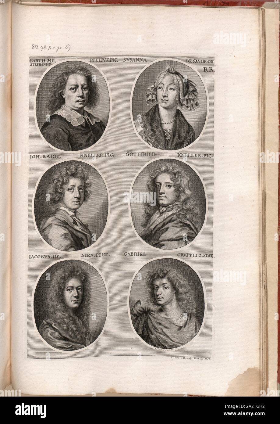 La terre. Stephen Murillo Pict. Susanna de Sandrake, Ion. Zach. Kneller pic. Gottfried Kneller pic. Jacques de Nies Pict. Gabriel Grupello STAT., Portrait de Bartolomé Esteban Murillo, Susanna Maria de Sandrart, Johann Zacharias Kneller, Gottfried Kneller, Jacob Denys, Gabriel Grupello, signé : R. Collin ad vivum del, R. Collin C.R. sculps, fig. 40, RR, à la p. 424, Collin, Richard (del. et sc., 1683), Joachim von Sandrart:Teutsche Academie der Bau- und Bildhauer- Maler-Kunst worinn : die Regeln und Lehrsätze dieser Künste gegeben, nicht weniger zu die besten Exemple multiples Erläuterung der alten Banque D'Images