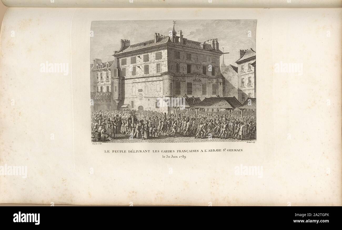 Les personnes fournissant les gardes françaises à l'abbaye de St Germain, le 30 juin 1789, l'abbaye de Saint-Germain-des-Prés le 30 juin 1789, signé : Prieur inv. Et del, Berthault, couche externe Fig. 12, no. 2, p. 7 (deuxième tableau), Prieur, Jean-Louis (inv. et del.) ; Berthault, Pierre-Gabriel (sc.), Collection complète des tableaux historiques de la Révolution française en trois volumes [...]. Bd. 1. A Paris : chez Auber, Editeur, et seul propriétaire : de l'imprimerie de Pierre Didot l'aîné, an XI de la République M. Francçaise DCCCII Banque D'Images