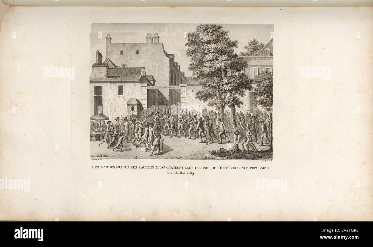 Les Gardes Français sauvetage M. du Châtelet, leur colonel, à partir de l'excitation populaire le 12 juillet 1789, les insurgés et les gardes françaises sur la Rue de la Chaussée-d'Antin à Paris le 12 juillet 1789, signé : Prieur inv. Et del, Berthault, couche externe Fig. 16, no. 6, après p. 24 (6ème tableau), Prieur, Jean-Louis (inv. et del.) ; Berthault, Pierre-Gabriel (sc.), Collection complète des tableaux historiques de la Révolution française en trois volumes [...]. Bd. 1. A Paris : chez Auber, Editeur, et seul propriétaire : de l'imprimerie de Pierre Didot l'aîné, an XI de la République Francçaise M Banque D'Images