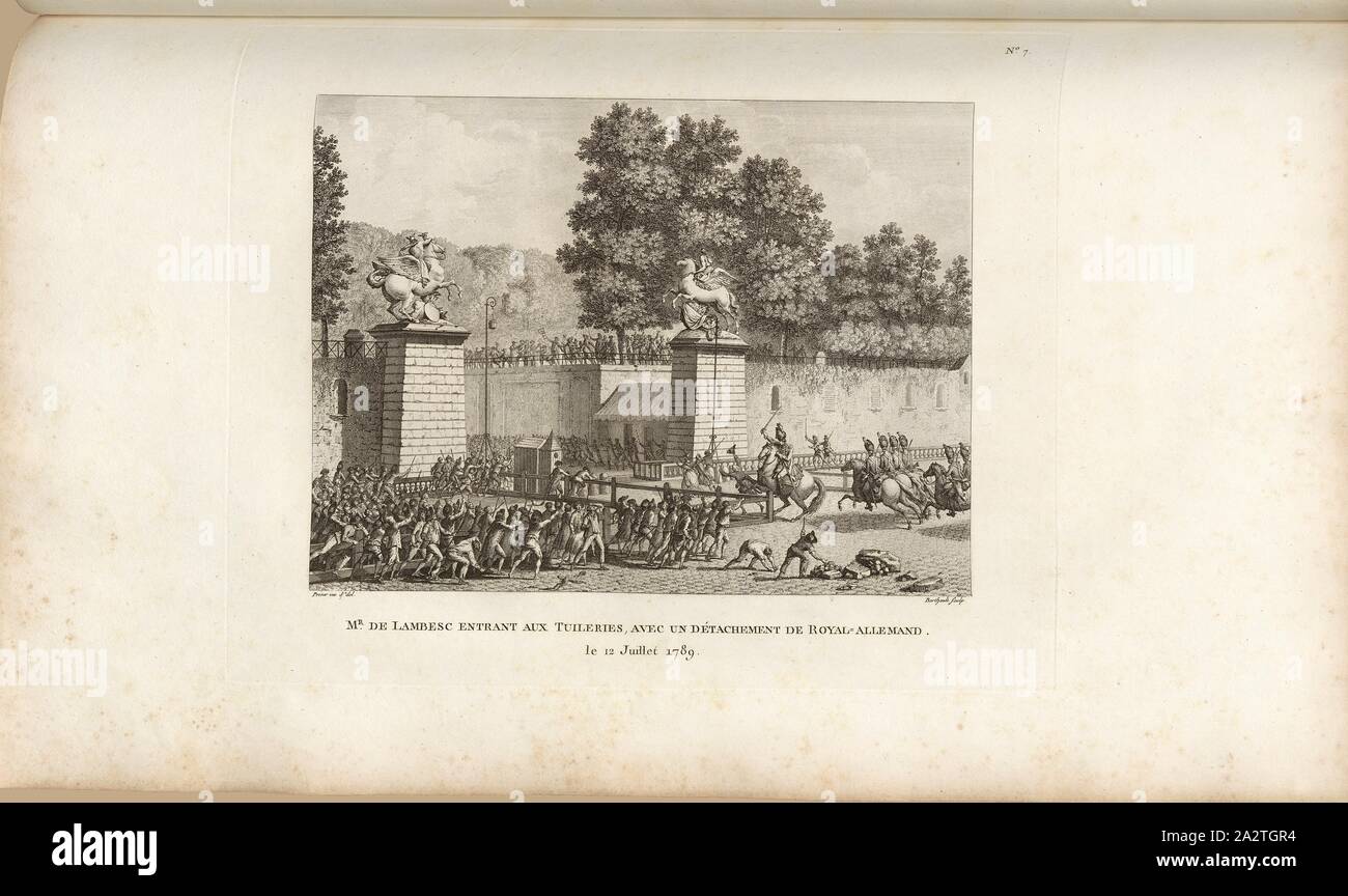 M. de Labesc entrant dans le jardin des Tuileries, avec un détachement de Royal-Allemend 12 juillet 1789, les insurgés, Charles Eugène de Lorraine-Lambesc et ses cavaliers au Jardin des Tuileries ?, à Paris le 12 juillet 1789, signé : Prieur inv. et del, Berthault, couche externe Fig. 17, no. 7, p. 27 après 7ème (tableau), Prieur, Jean-Louis (inv. et del.) ; Berthault, Pierre-Gabriel (sc.), Collection complète des tableaux historiques de la Révolution française en trois volumes [...]. Bd. 1. A Paris : chez Auber, Editeur, et seul propriétaire : de l'imprimerie de Pierre Didot l'aîné, an XI de la République Francçaise M Banque D'Images