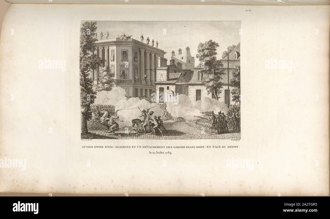 Royal-German entre action et un détachement de gardes françaises, en face de l'entrepôt le 12 juillet 1789, le Régiment Royal-Allemand cavalerie et garde française le 12 juillet 1789 à la Rue de la Chaussée-d'Antin à Paris, signé : Prieur inv. Et del, Berthault, couche externe Fig. 18, no. 8, à la p. 31 (Huitième tableau), Prieur, Jean-Louis (inv. et del.) ; Berthault, Pierre-Gabriel (sc.), Collection complète des tableaux historiques de la Révolution française en trois volumes [...]. Bd. 1. A Paris : chez Auber, Editeur, et seul propriétaire : de l'imprimerie de Pierre Didot l'aîné, an XI de la République Banque D'Images