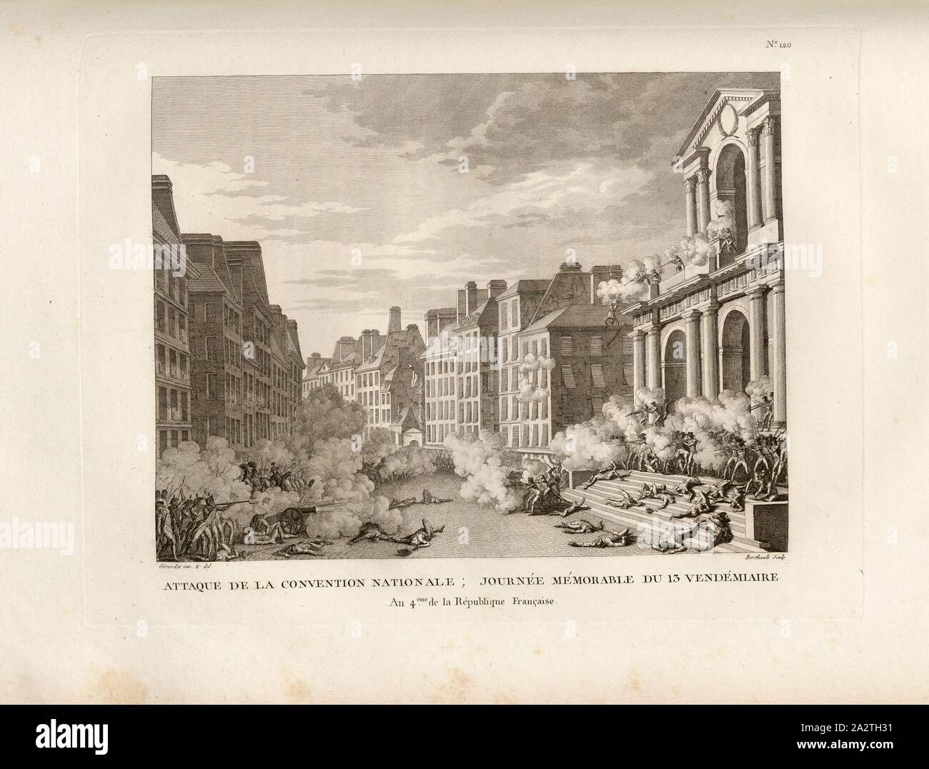 Attaque de la Convention nationale ; journée mémorable du 13 vendémiaire an 4. de la République française, rupture de l'insurrection royaliste en face de l'église Saint Roch à Paris par Napoléon Bonaparte le 5 octobre 1795, signé : Girardet inv. Et del, Berthault, couche externe Fig. 53, no. 120, à la p. 484 (cent-vingtième tableau), Girardet, Abraham (inv. et del.) ; Berthault, Pierre-Gabriel (sc.), Collection complète des tableaux historiques de la Révolution française en trois volumes [...]. Bd. 2. A Paris : chez Auber, Editeur, et seul propriétaire : de l'imprimerie de Pierre Didot l'aîné, un XI de la Banque D'Images