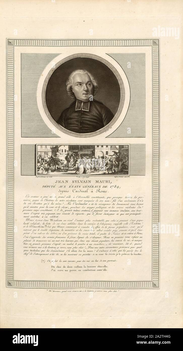 Jean Sylvain Mauri, adjoint aux états généraux de 1789, de Cardinal à Rome, Portrait de Jean-Siffrein Maury, signé : Levachez Duplessi-Bertaux sculptures, inv. Et del, Duplessi-Bertaux aqua forti, fig. 12, d'après p. 27, Levachez, Charles François Gabriel (sc.) ; Duplessi Bertaux, Jean (inv. et del. ; aqua forti), Collection complète des tableaux historiques de la Révolution française en trois volumes [...]. Bd. 3. A Paris : chez Auber, Editeur, et seul propriétaire : de l'imprimerie de Pierre Didot l'aîné, an XI de la République M. Francçaise DCCCII Banque D'Images