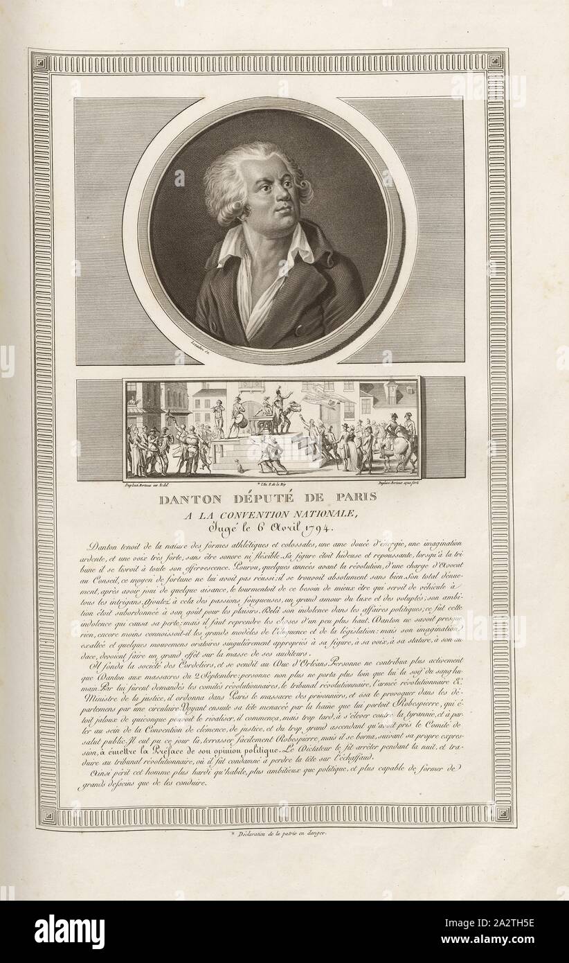 Danton adjoint pour Paris à la Convention nationale, jugée le 6 avril 1749, Portrait de Georges Jacques Danton et de la proclamation de la Patrie en danger 1792, signé : Levachez Duplessi-Bertaux sculptures, inv. Et del, Duplessi-Bertaux aqua forti, fig. 36, après p. 9 (prov. Provisoire), Levachez, Charles François Gabriel (sc.) ; Duplessi Bertaux, Jean (inv. et del. ; aqua forti), Collection complète des tableaux historiques de la Révolution française en trois volumes [...]. Bd. 3. A Paris : chez Auber, Editeur, et seul propriétaire : de l'imprimerie de Pierre Didot l'aîné, an XI de la République Banque D'Images