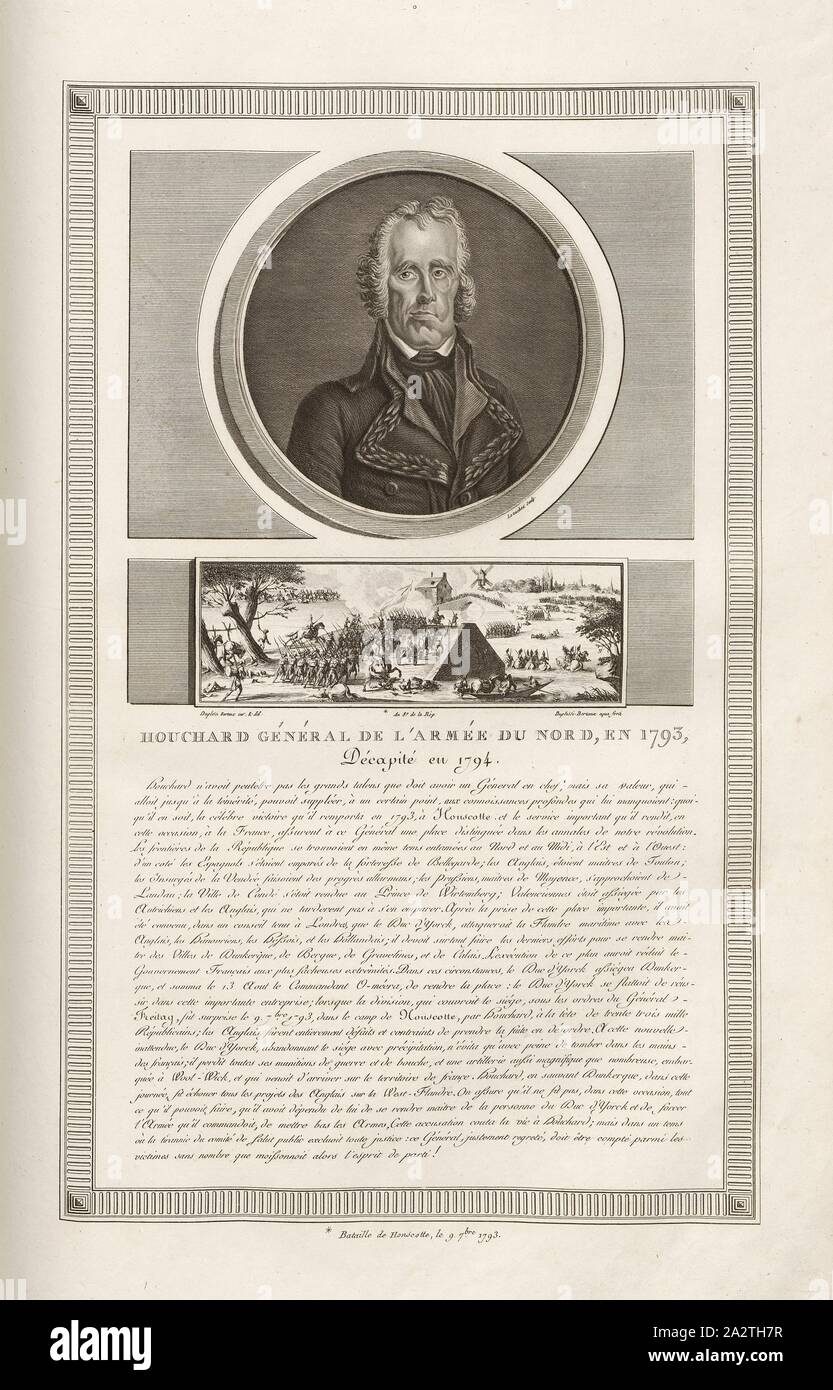 Houchard général de l'Armée du Nord, en 1793, décapitée en 1794, Portrait de Jean-Nicolas Houchard, Bataille d'Hondschoote, signé : Levachez Duplessi-Bertaux sculptures, inv. Et del, Duplessi-Bertaux aqua forti, fig. 43, p. 32 (Constitution de la république), Levachez, Charles François Gabriel (sc.) ; Duplessi Bertaux, Jean (inv. et del. ; aqua forti), Collection complète des tableaux historiques de la Révolution française en trois volumes [...]. Bd. 3. A Paris : chez Auber, Editeur, et seul propriétaire : de l'imprimerie de Pierre Didot l'aîné, an XI de la République M. Francçaise DCCCII Banque D'Images