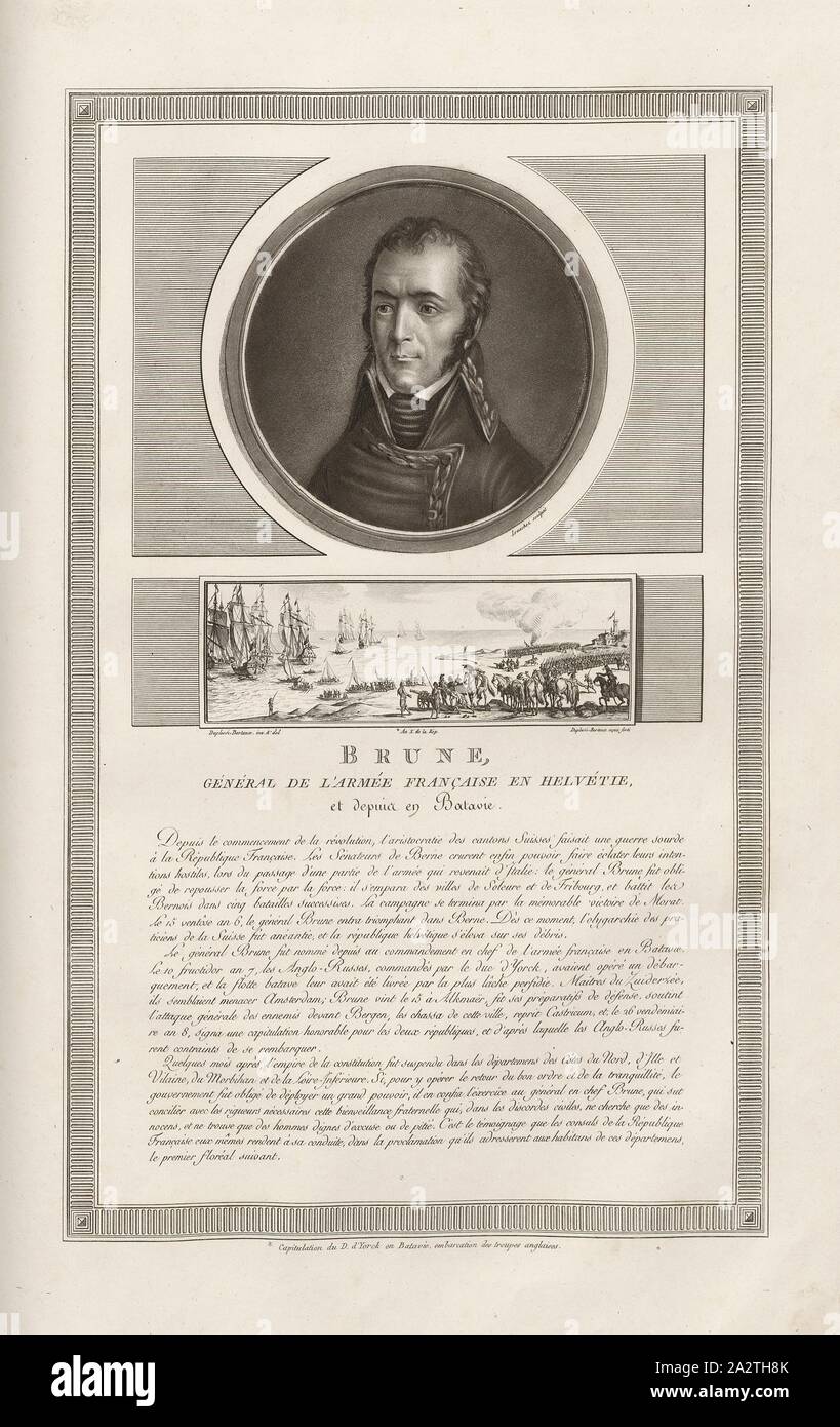 Brune, général de l'armée française en Helvétie, et depuis en Batavie, Portrait de Guillaume-Marie-Anne Brune et les troupes anglaises quittent la Hollande après l'abandon de Alkmaar, signé : Levachez Duplessi-Bertaux sculptures, inv. Et del, Duplessi-Bertaux aqua forti, fig. 64, p. 9 (Constitution de la République), Levachez, Charles François Gabriel (sc.) ; Duplessi Bertaux, Jean (inv. et del. ; aqua forti), Collection complète des tableaux historiques de la Révolution française en trois volumes [...]. Bd. 3. A Paris : chez Auber, Editeur, et seul propriétaire : de l'imprimerie de Pierre Didot l'aîné, un XI Banque D'Images