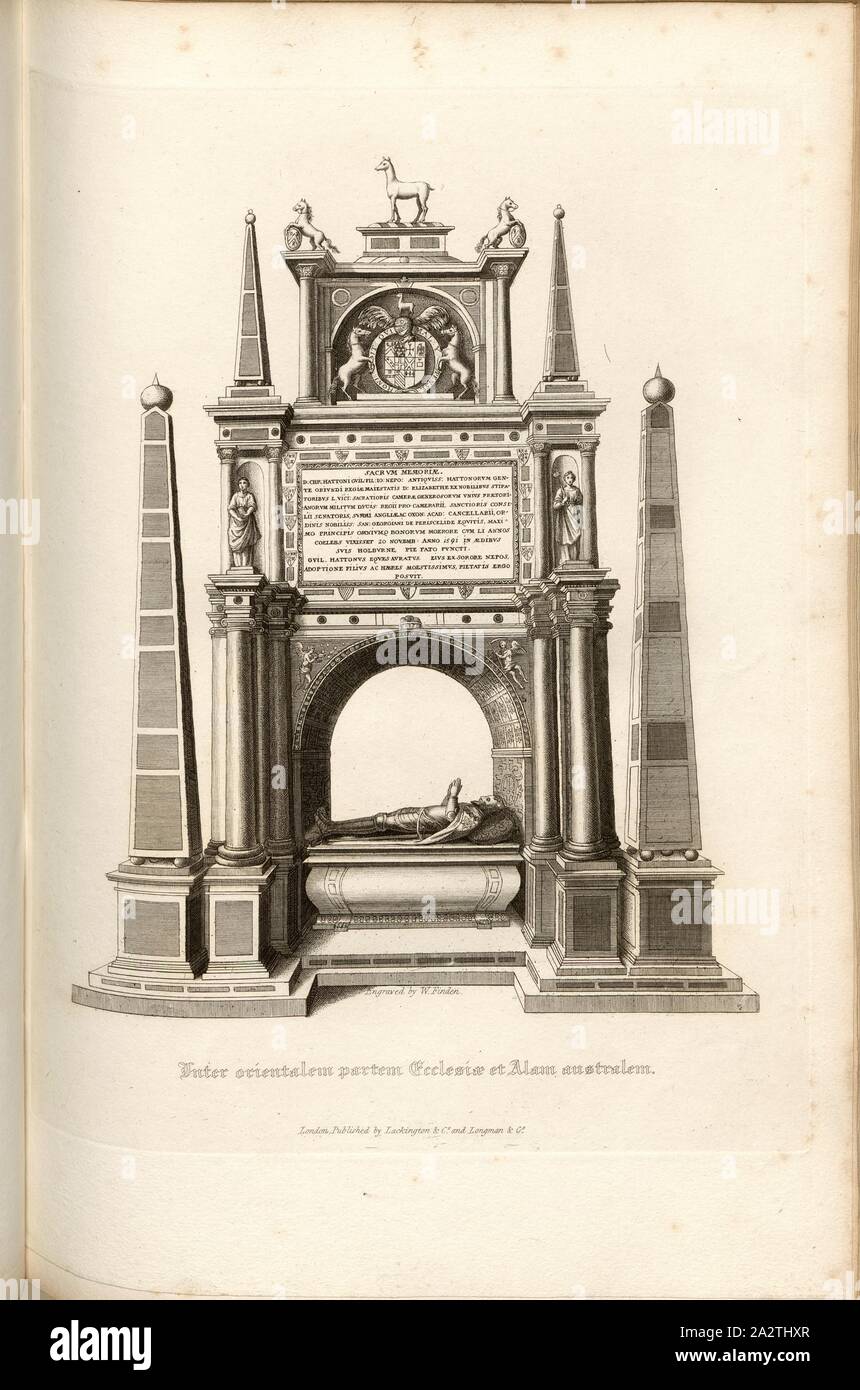 Entre le côté est de l'église et de l'aile sud, tombe de Christopher Hatton à Old St Paul's Cathedral, signé : gravée par W. Trouver ; publié par Lackington & Co. et Longman & Co., Pl. XV, p. 56, Handy, W. (eng.) ; Lackington & Cie (éditeur) ; Longman & Cie (éditeur), William Dugdale, Henry Ellis : l'histoire de la cathédrale Saint-Paul à Londres, à partir de sa fondation : extrait de chartes originales, dossiers, leiger-livres, et d'autres manuscrits. Londres : imprimé pour Lackington, Hughes, Harding, Mavor, et Jones ; et Longman, Hurst, Rees, Orme, et Brown, 1818 Banque D'Images