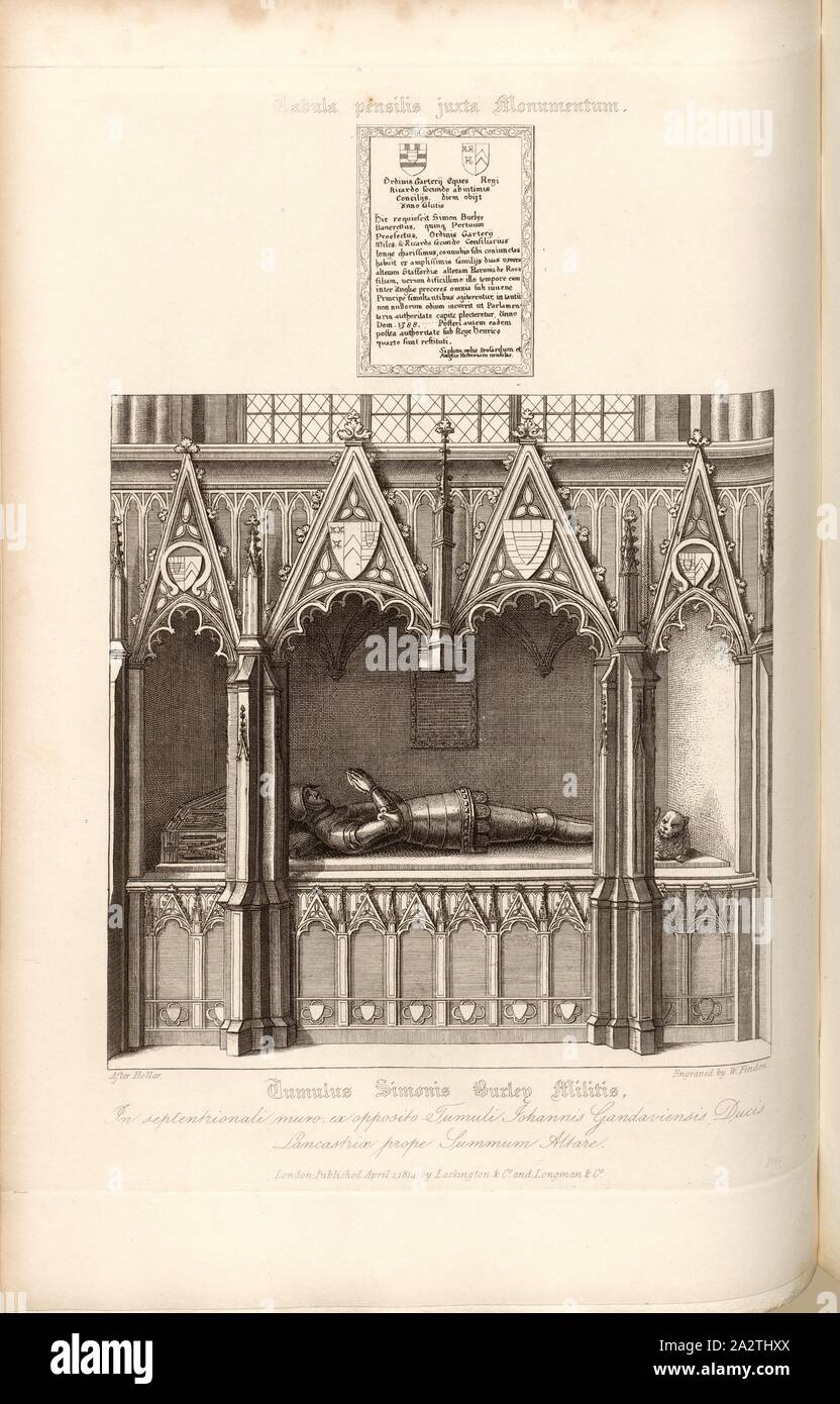 La tombe du fils de Simon Burley, les soldats, dans le nord du mur, au contraire, la Cour suprême Tumuli près de l'autel de Jean de Lancastre, duc de Gand, tombe de Simon Burley, signé : Après Hollar, gravée par W. Trouver ; publié par Lackington & Co. et Longman & Co., Pl. XXV, après p. 68, Hollar, Wenzel (dessin) ; Handy, W. (gravure) ; Lackington & Co (éditeur) ; Longman & Cie (éditeur), William Dugdale, Henry Ellis : l'histoire de la cathédrale Saint-Paul à Londres, à partir de sa fondation : extrait de chartes originales, dossiers, leiger-livres, et d'autres manuscrits. Londres : imprimé Banque D'Images